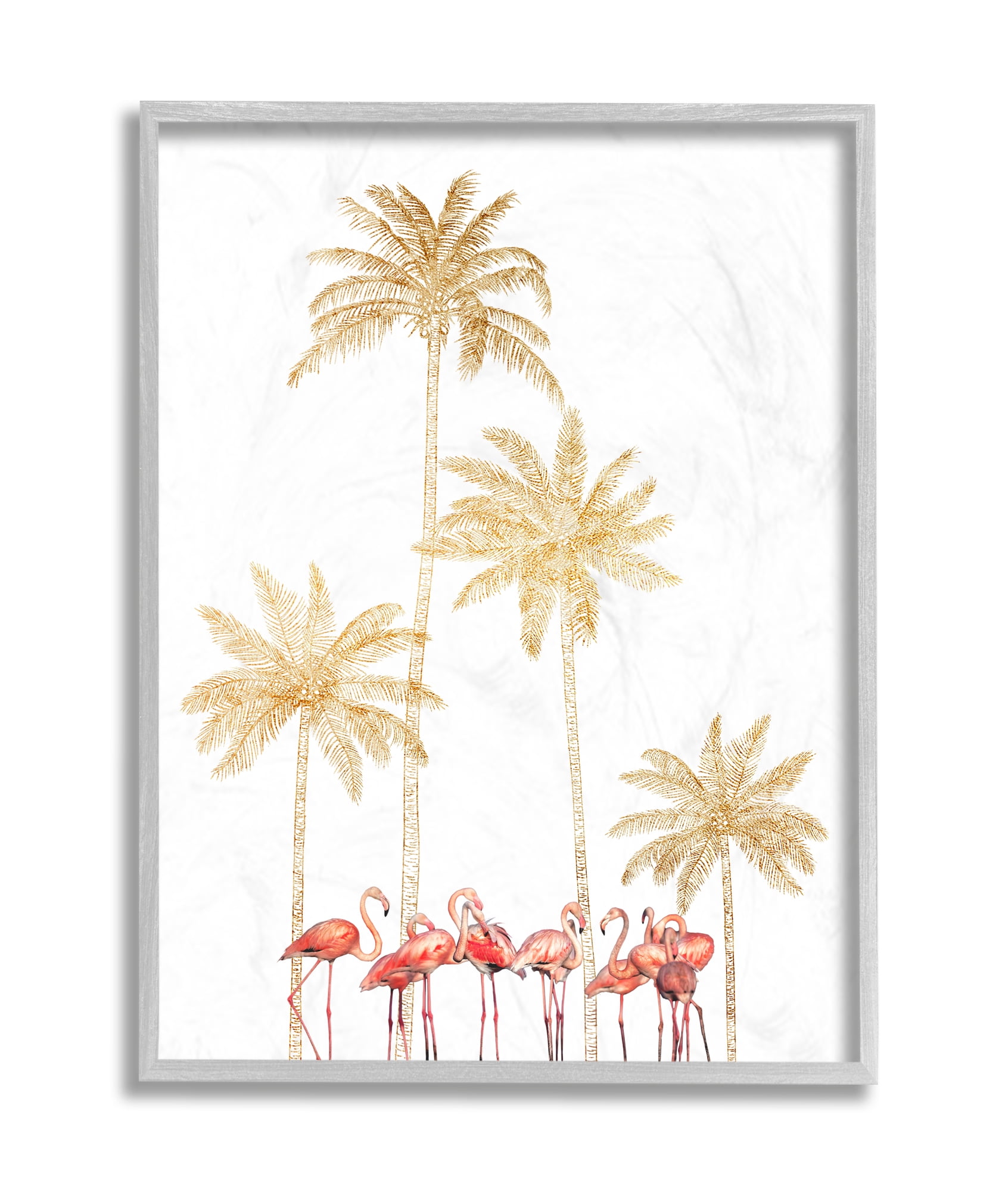 Stupell Industries Pink Flamingos Tropical Gold Outline Palm Trees Grey Framed, 11 x 14, Design by Ziwei Li