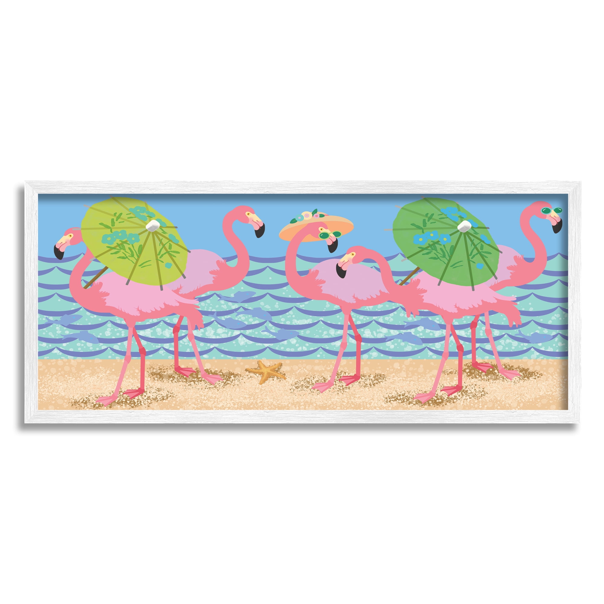 White Framed Pink Flamingos with Floral Umbrellas Wall Art