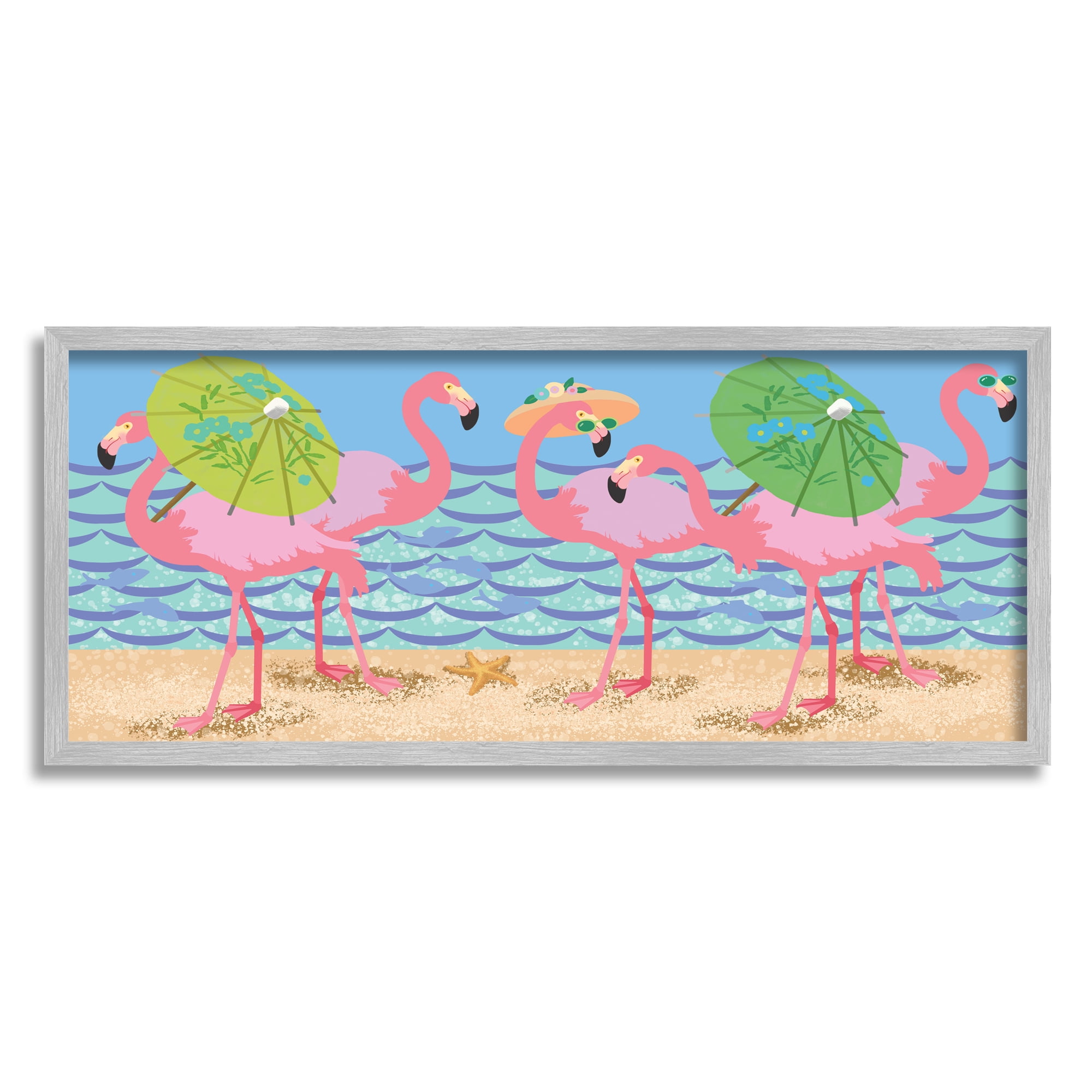 Stupell Industries Pink Flamingos with Floral Umbrellas Beach Waves, 10 x 24, Designed by Sally Springer Griffith