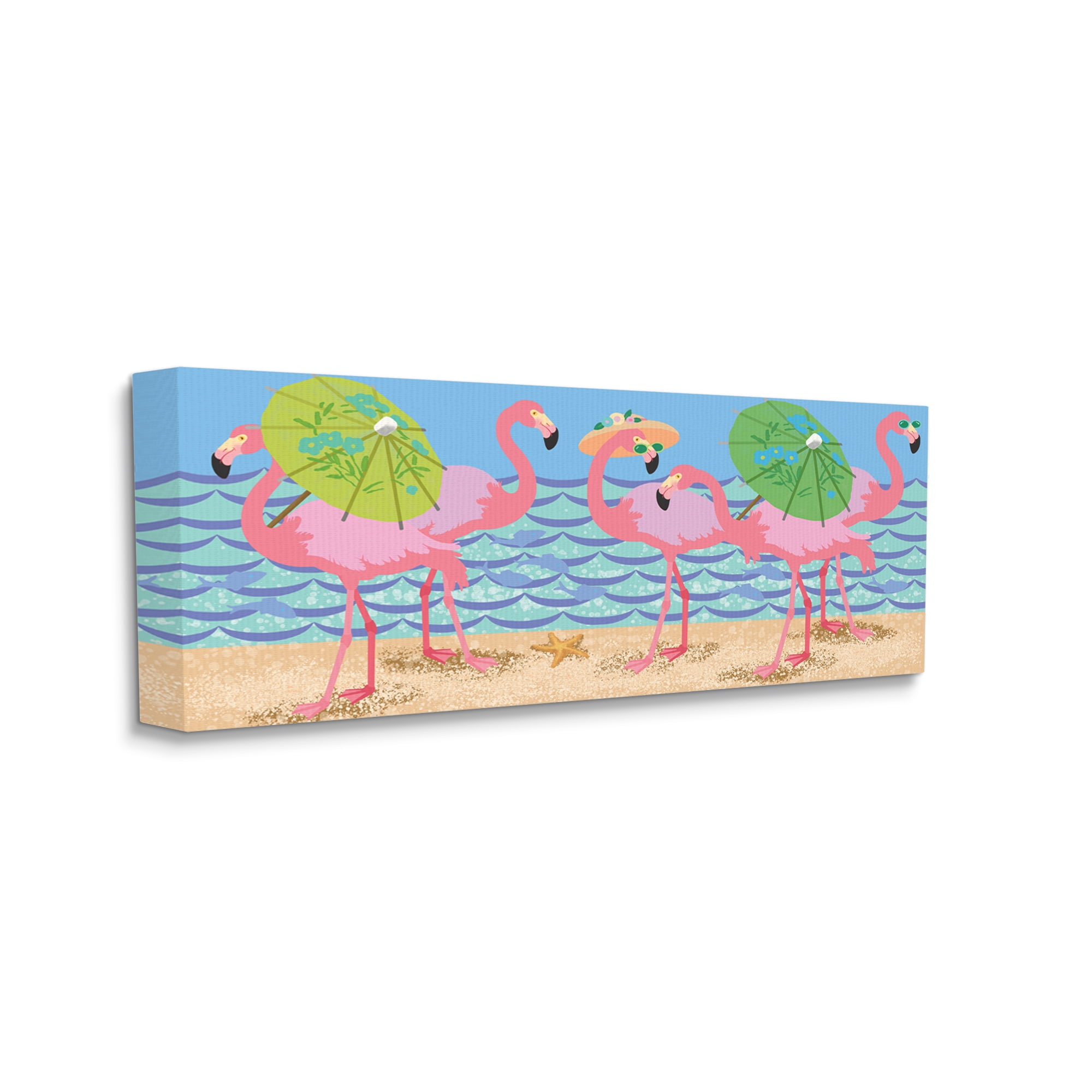 Pink Flamingos with Floral Umbrellas Beach Canvas Wall Art