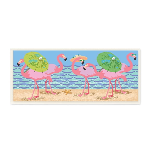 Stupell Industries Pink Flamingos with Floral Umbrellas Beach Waves, 7 x 17, Designed by Sally Springer Griffith