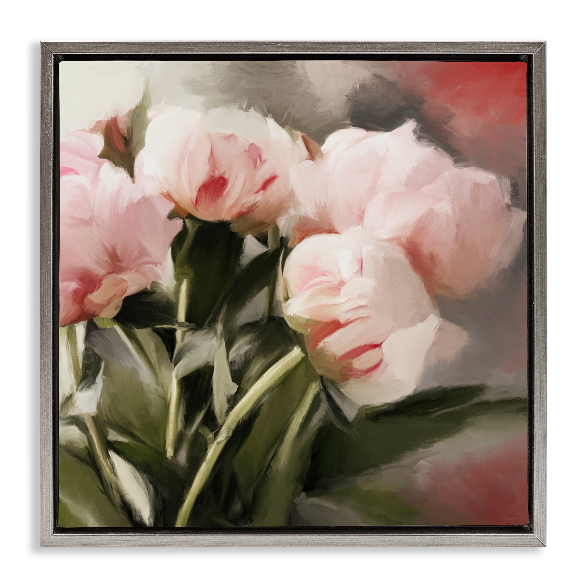 Stupell Industries Pink Floral Arrangement Botanical & Floral Painting Gray Floater Framed Art Print Wall Art, 18 x 18