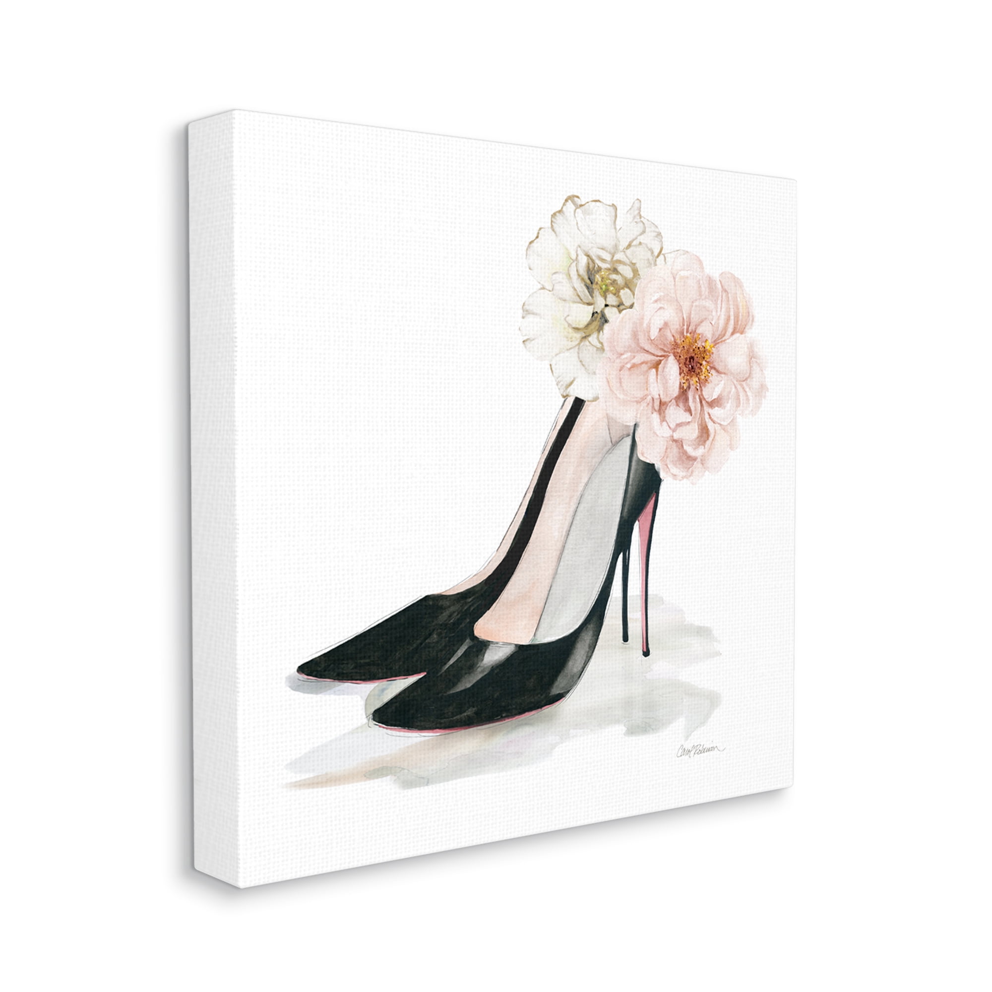 Stupell Industries Pink Floral Black Heels Chic Fashion Shoes Beauty & Fashion Painting Gallery Wrapped Canvas Print Wall Art, 24 x 24