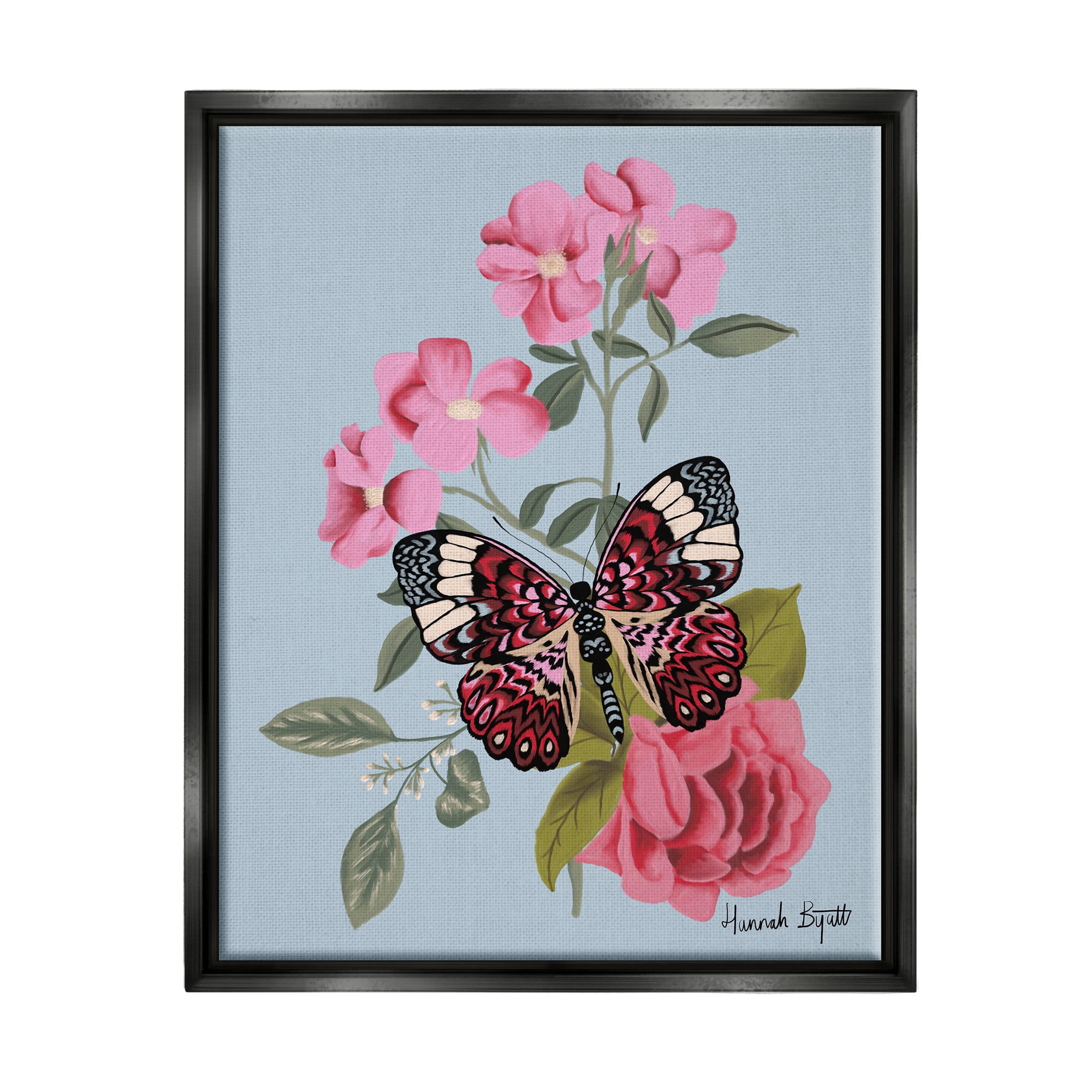 Stupell Industries Pink Floral Butterfly Animals & Insects Painting Black Floater Framed Art Print Wall Art, 25 x 31