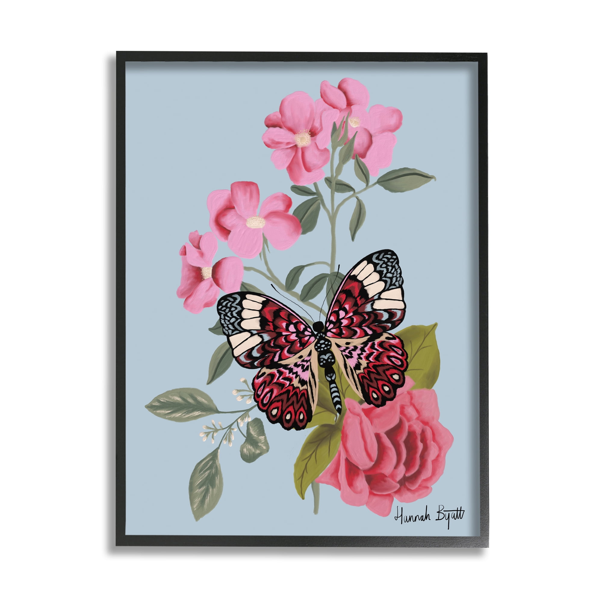 Stupell Industries Pink Floral Butterfly Animals & Insects Painting Black Framed Art Print Wall Art, 16 x 20