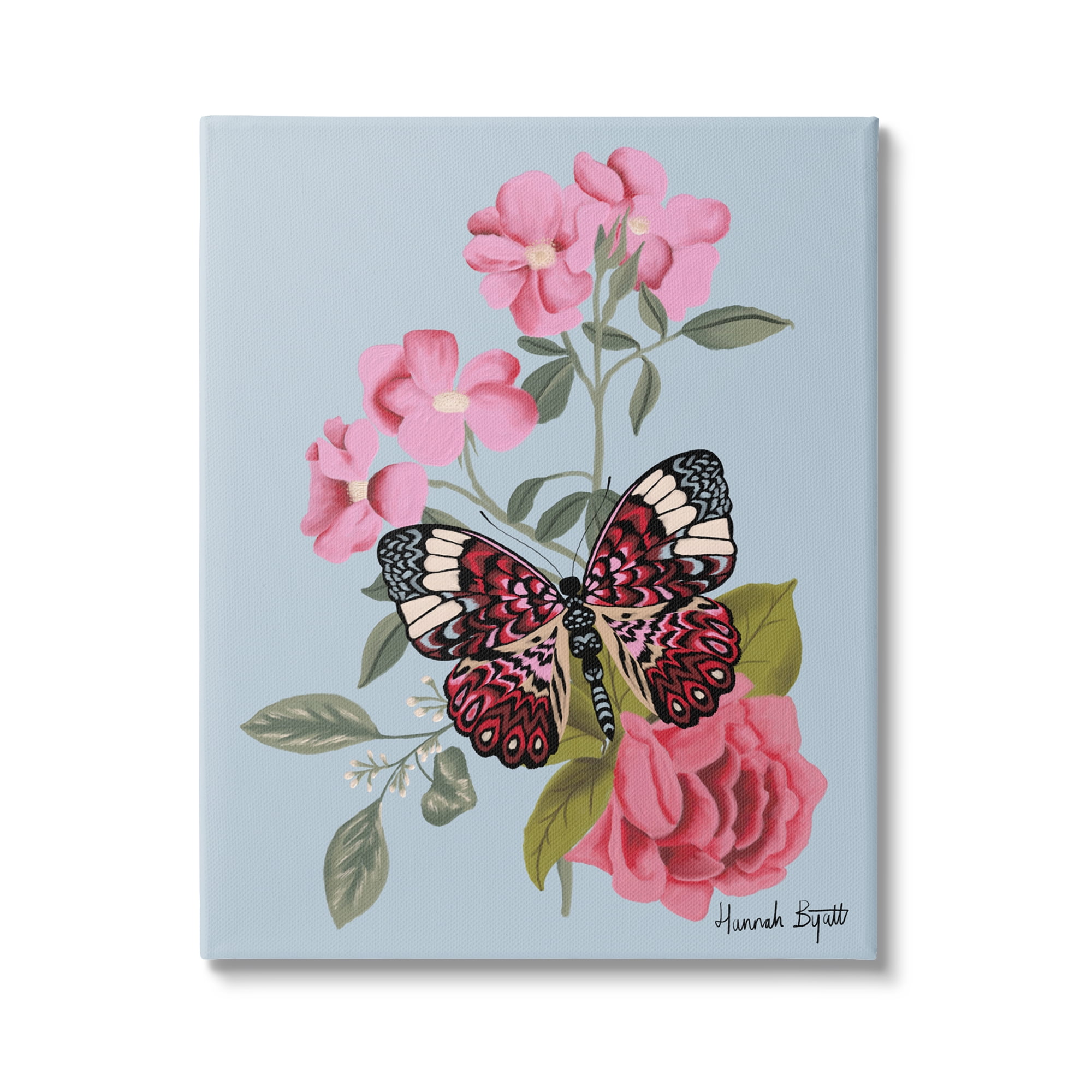 Stupell Industries Pink Floral Butterfly Animals & Insects Painting Gallery Wrapped Canvas Print Wall Art, 16 x 20