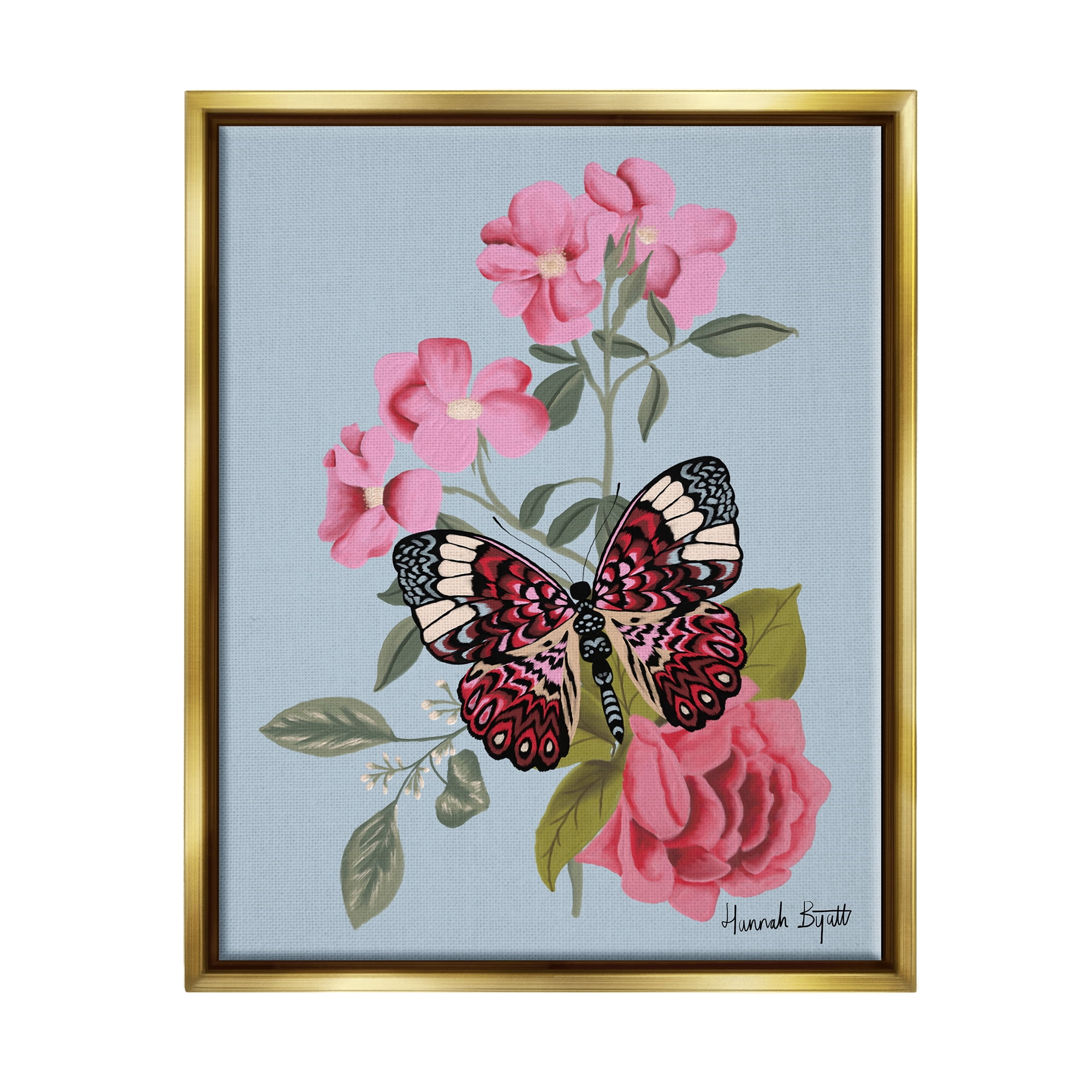 Stupell Industries Pink Floral Butterfly Animals & Insects Painting Gold Floater Framed Art Print Wall Art, 17 x 21