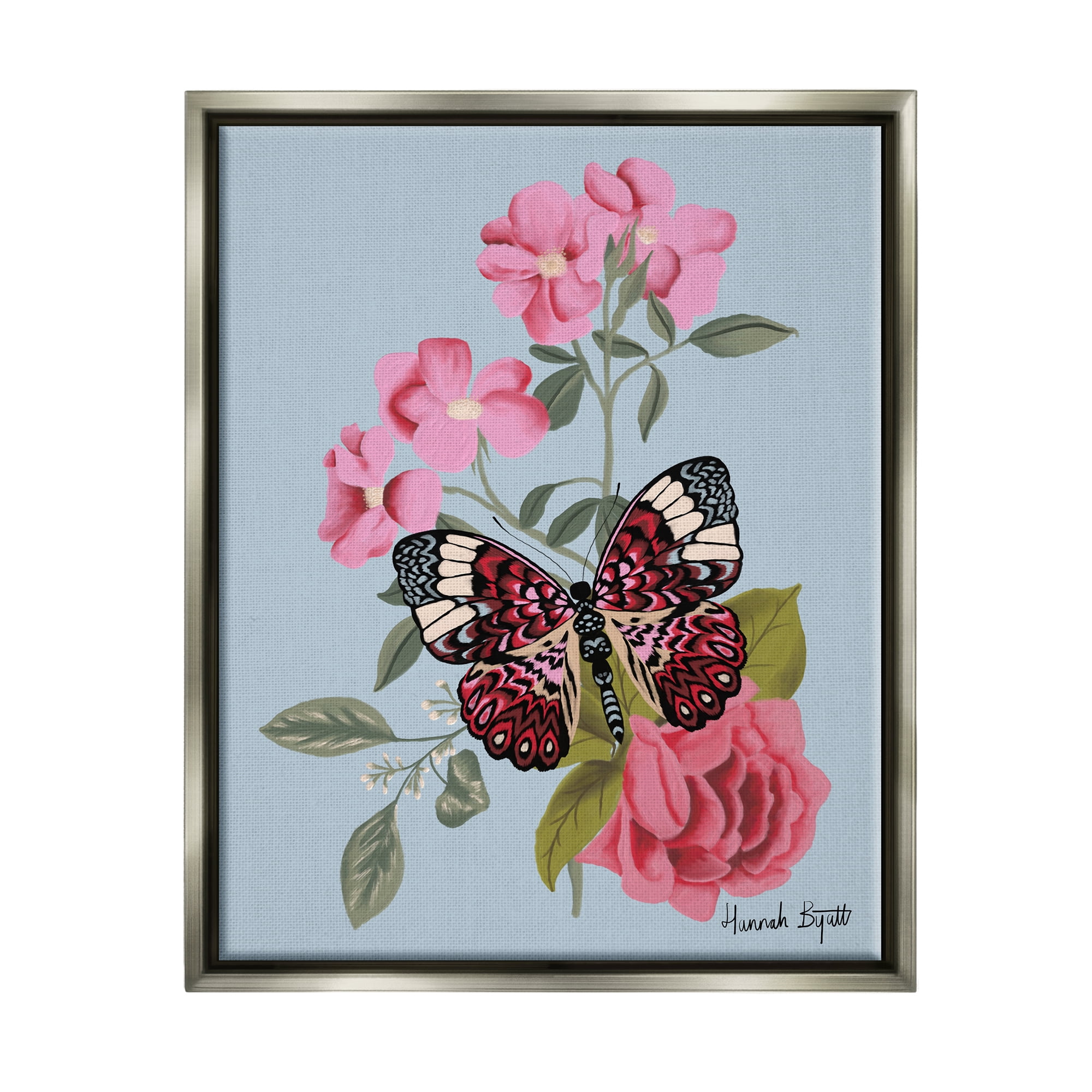 Stupell Industries Pink Floral Butterfly Animals & Insects Painting Gray Floater Framed Art Print Wall Art, 25 x 31