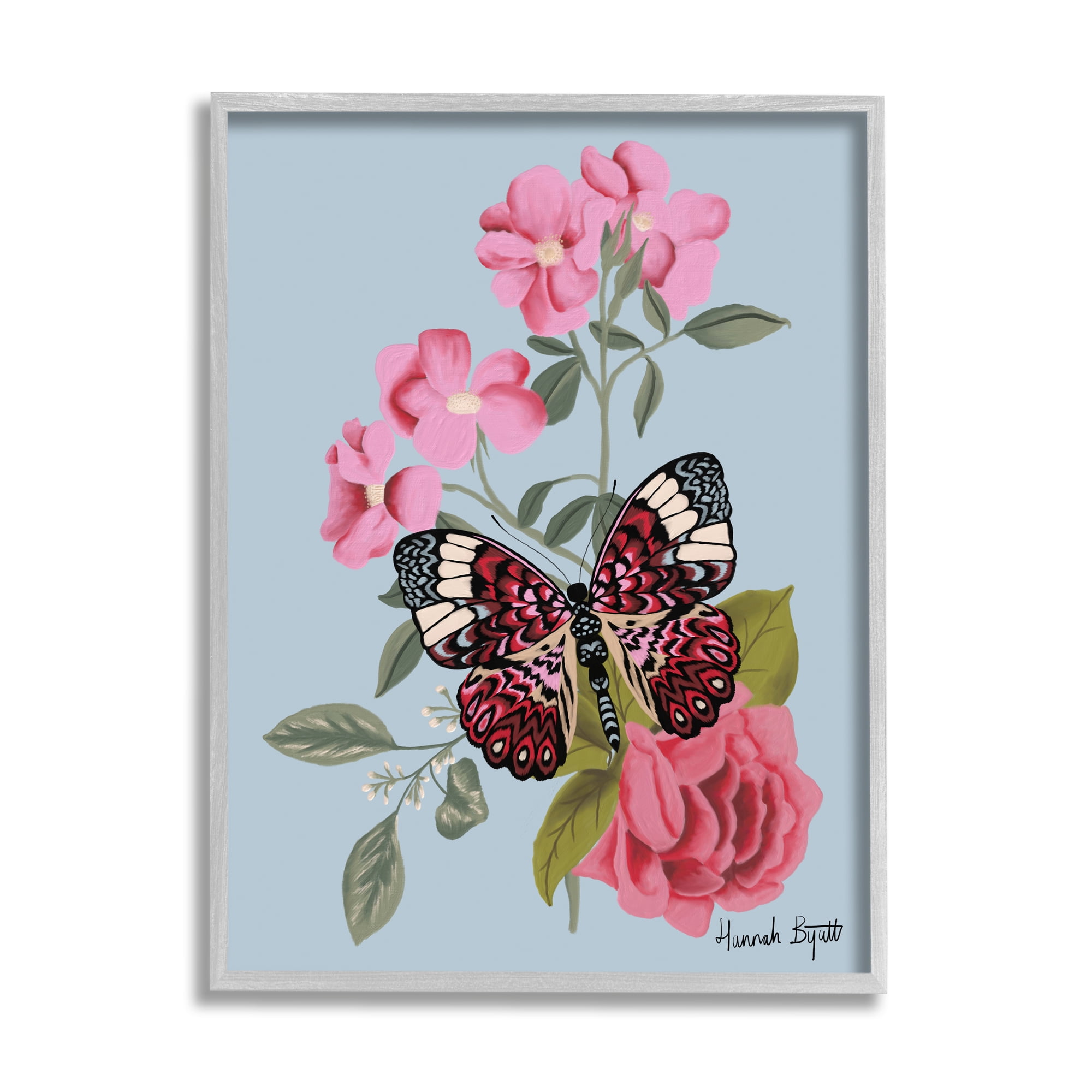 Stupell Industries Pink Floral Butterfly Animals & Insects Painting Gray Framed Art Print Wall Art, 16 x 20