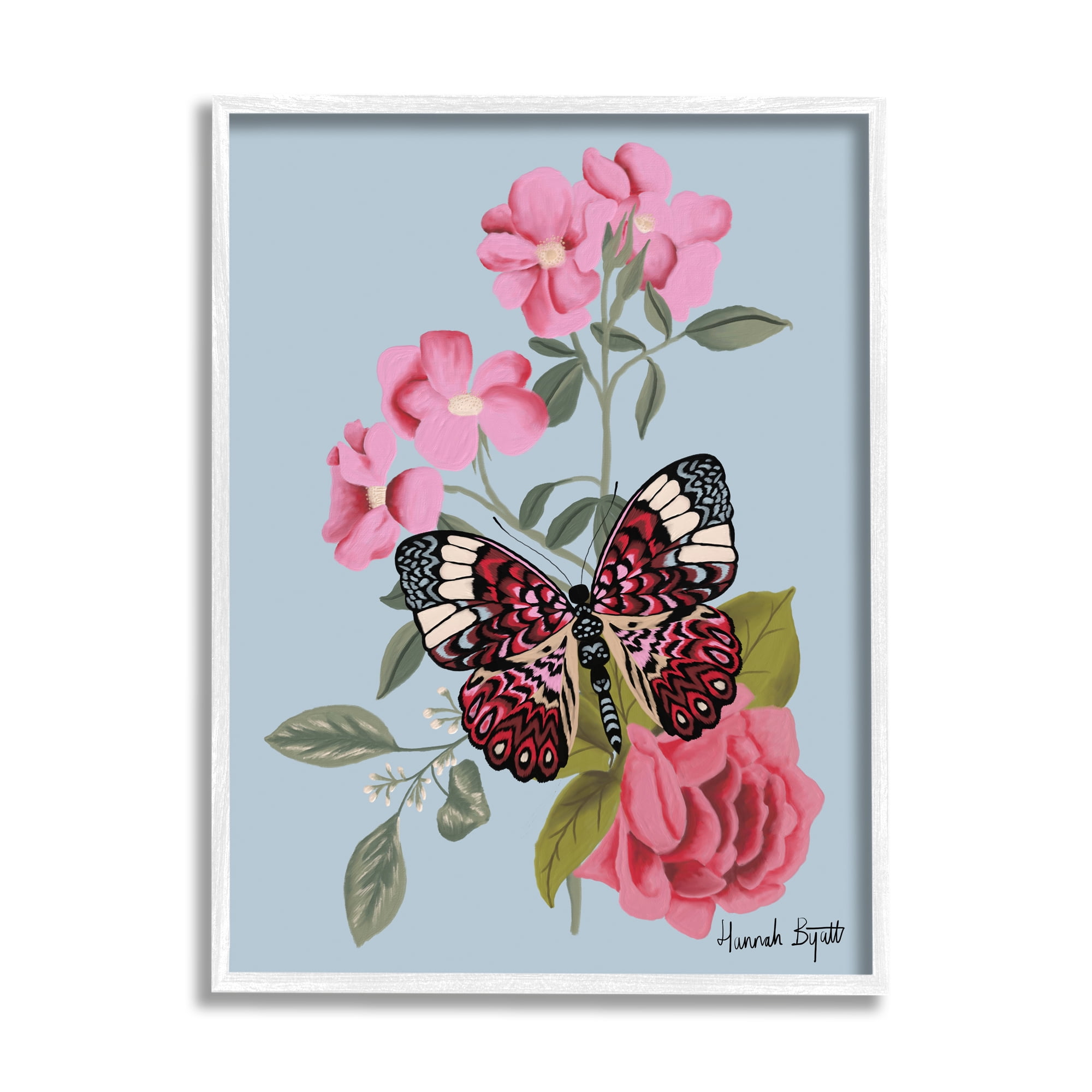 Stupell Industries Pink Floral Butterfly Animals & Insects Painting White Framed Art Print Wall Art, 11 x 14