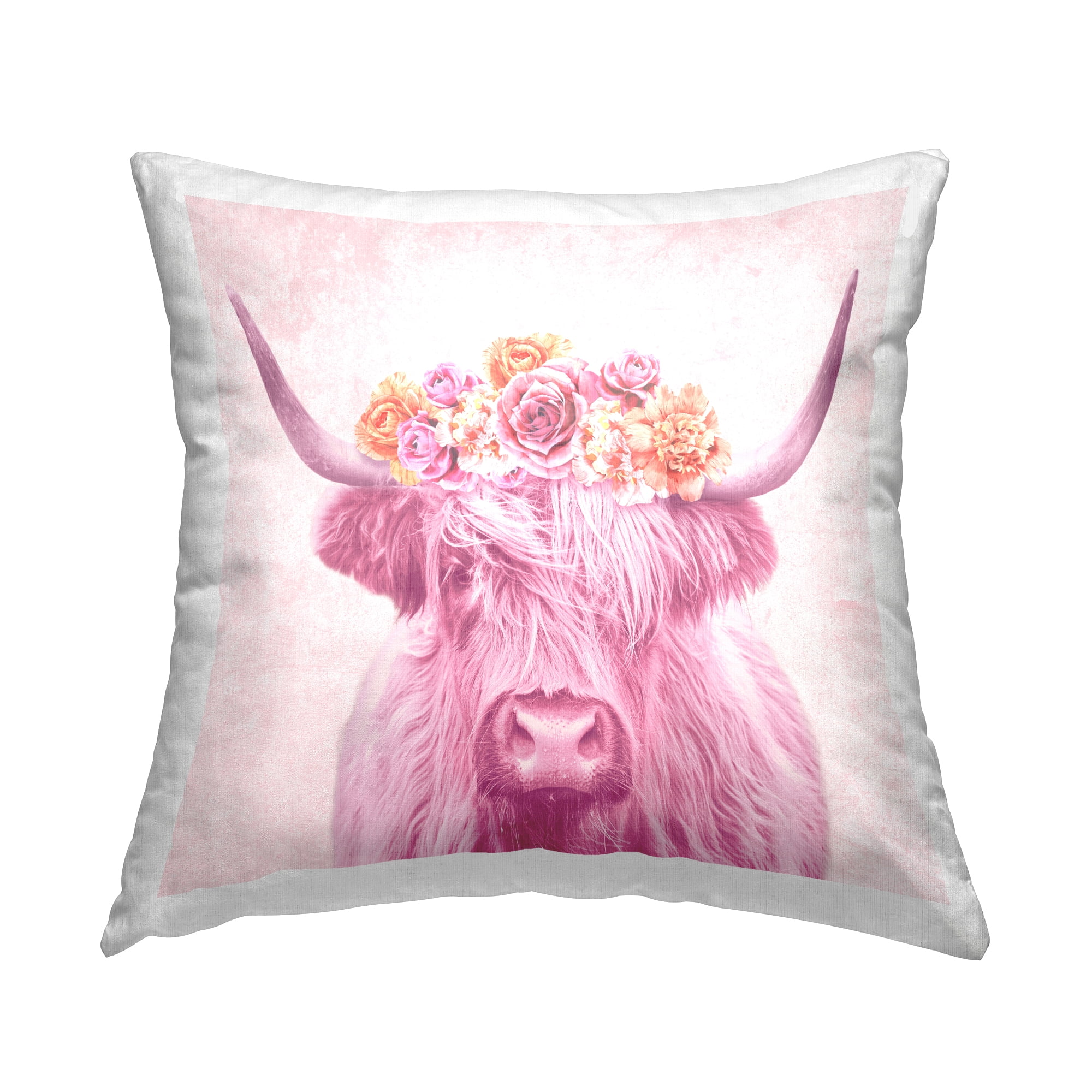Stupell Industries Pink Floral Cattle Farmhouse Square Decorative Printed Throw Pillow Design By Daisy A, 18 x 18