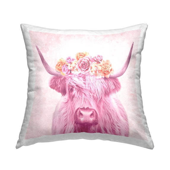 Stupell Industries Pink Floral Cattle Farmhouse Square Decorative Printed Throw Pillow Design By Daisy A, 18 x 18