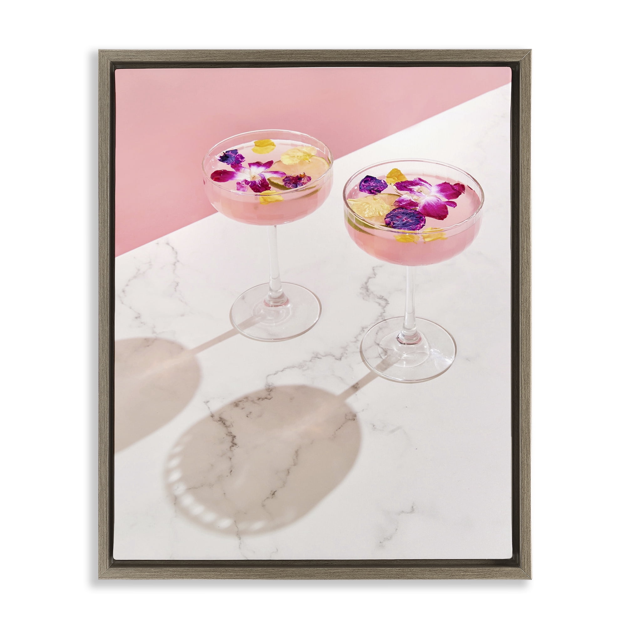 Stupell Industries Pink Floral Cocktails Food & Beverage Painting Brown Floater Framed Art Print Wall Art, 25 x 31
