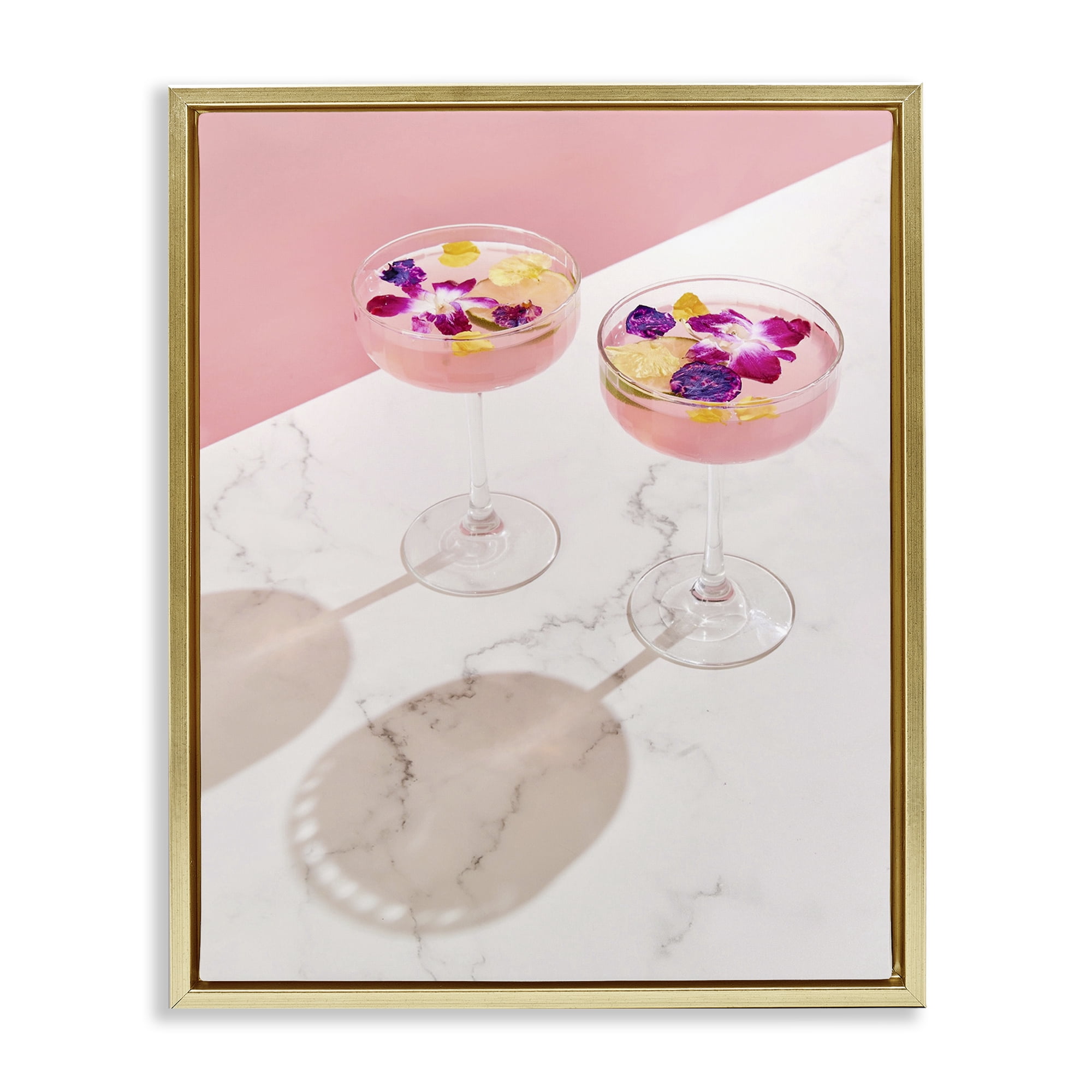 Stupell Industries Pink Floral Cocktails Food & Beverage Painting Gold Floater Framed Art Print Wall Art, 25 x 31