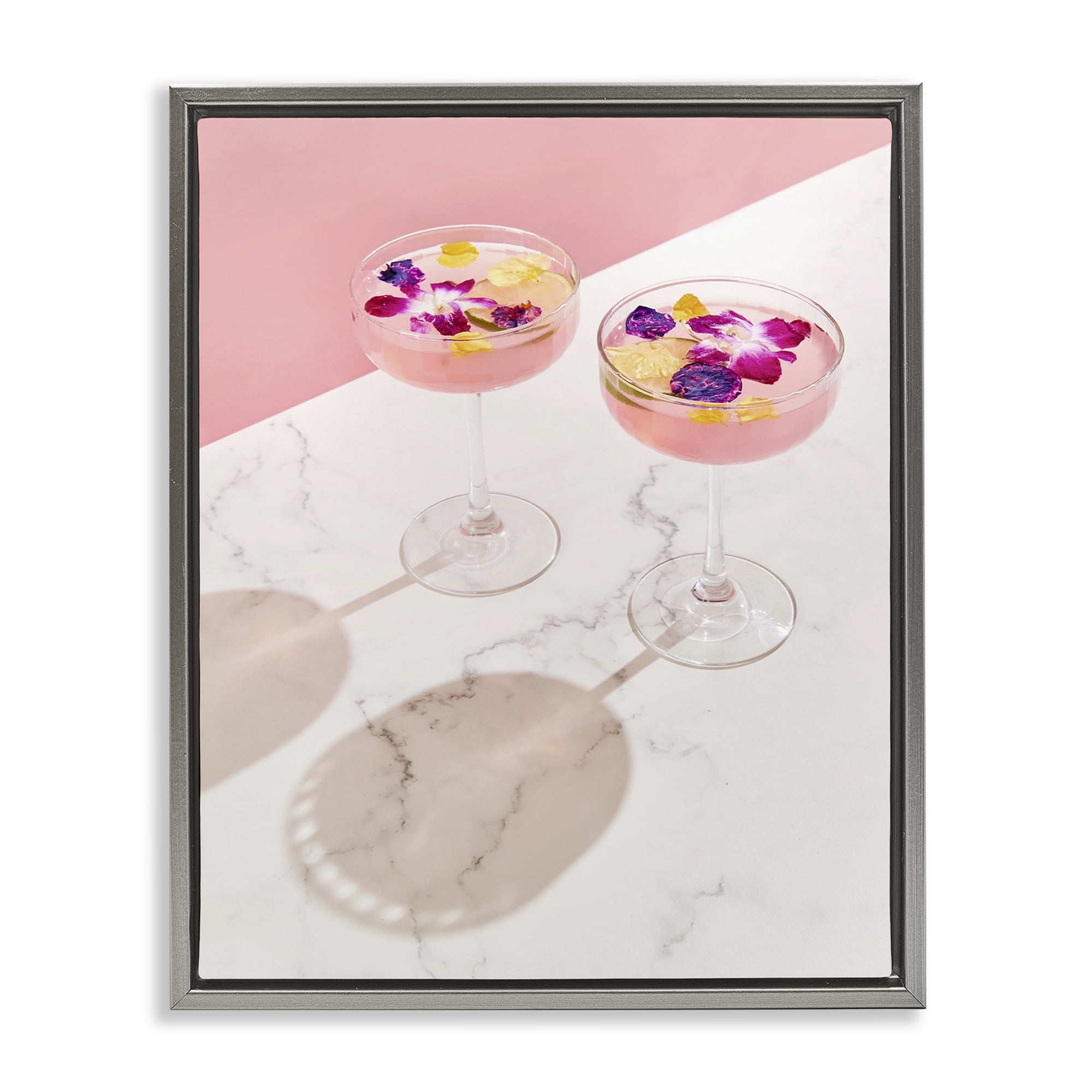 Stupell Industries Pink Floral Cocktails Food & Beverage Painting Gray Floater Framed Art Print Wall Art, 25 x 31