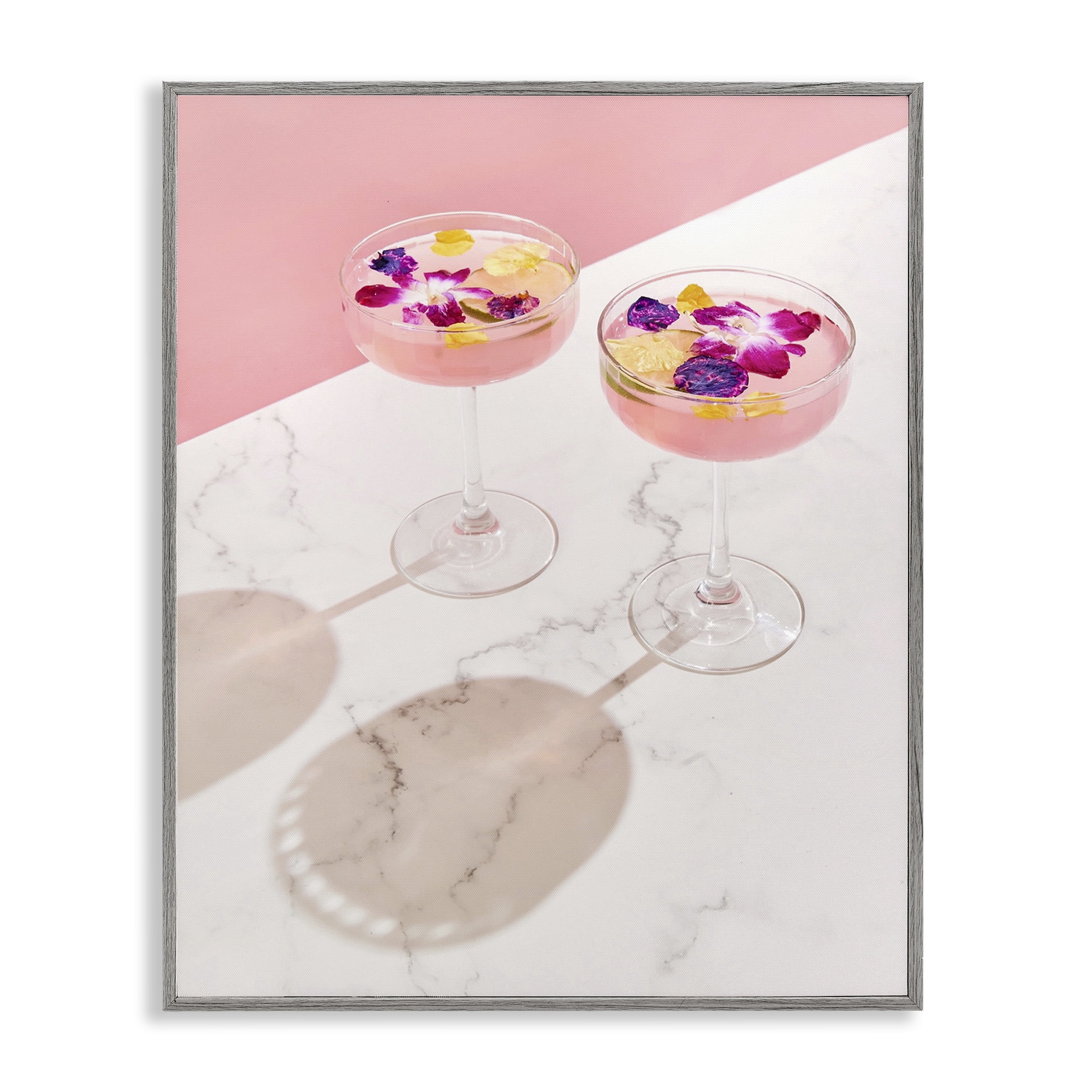 Stupell Industries Pink Floral Cocktails Food & Beverage Painting Gray Framed Art Print Wall Art, 16 x 20