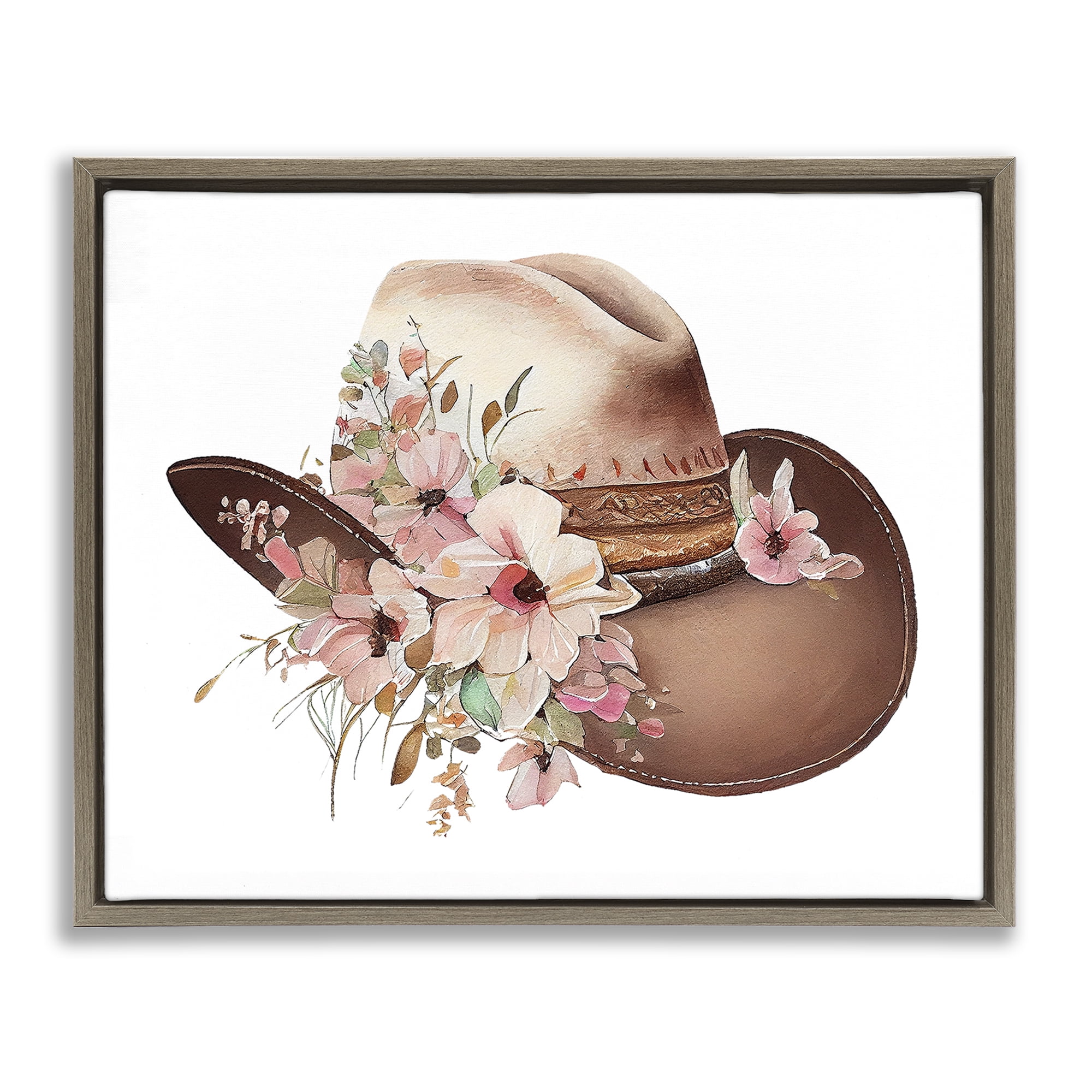Stupell Industries Pink Floral Cowboy Hat Plants & Flowers Painting Brown Floater Framed Canvas Art Print Wall Art, 31 x 25