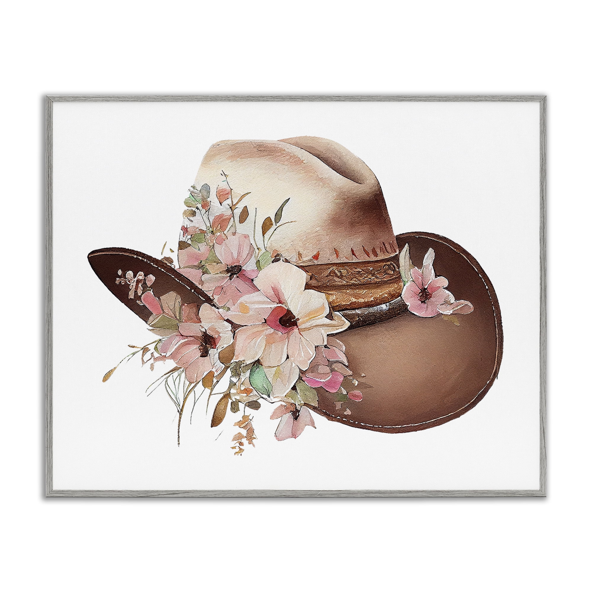 Stupell Industries Pink Floral Cowboy Hat Plants & Flowers Painting Gray Framed Art Print Wall Art, 14 x 11