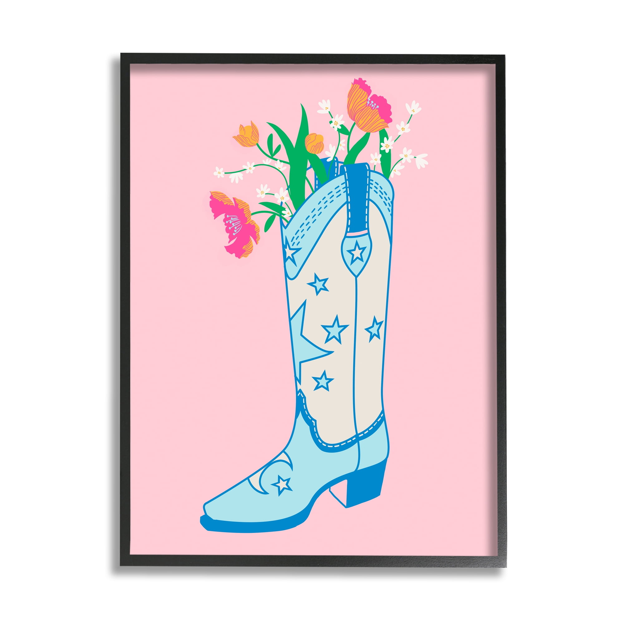 Stupell Industries Pink Floral Cowgirl Boot Botanical & Floral Painting Black Framed Art Print Wall Art, 16 x 20