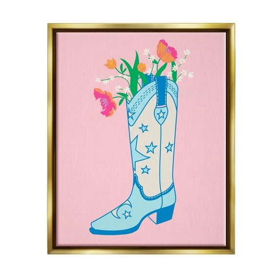 Stupell Industries Pink Floral Cowgirl Boot Botanical & Floral Painting Gold Floater Framed Canvas Art Print Wall Art, 17 x 21