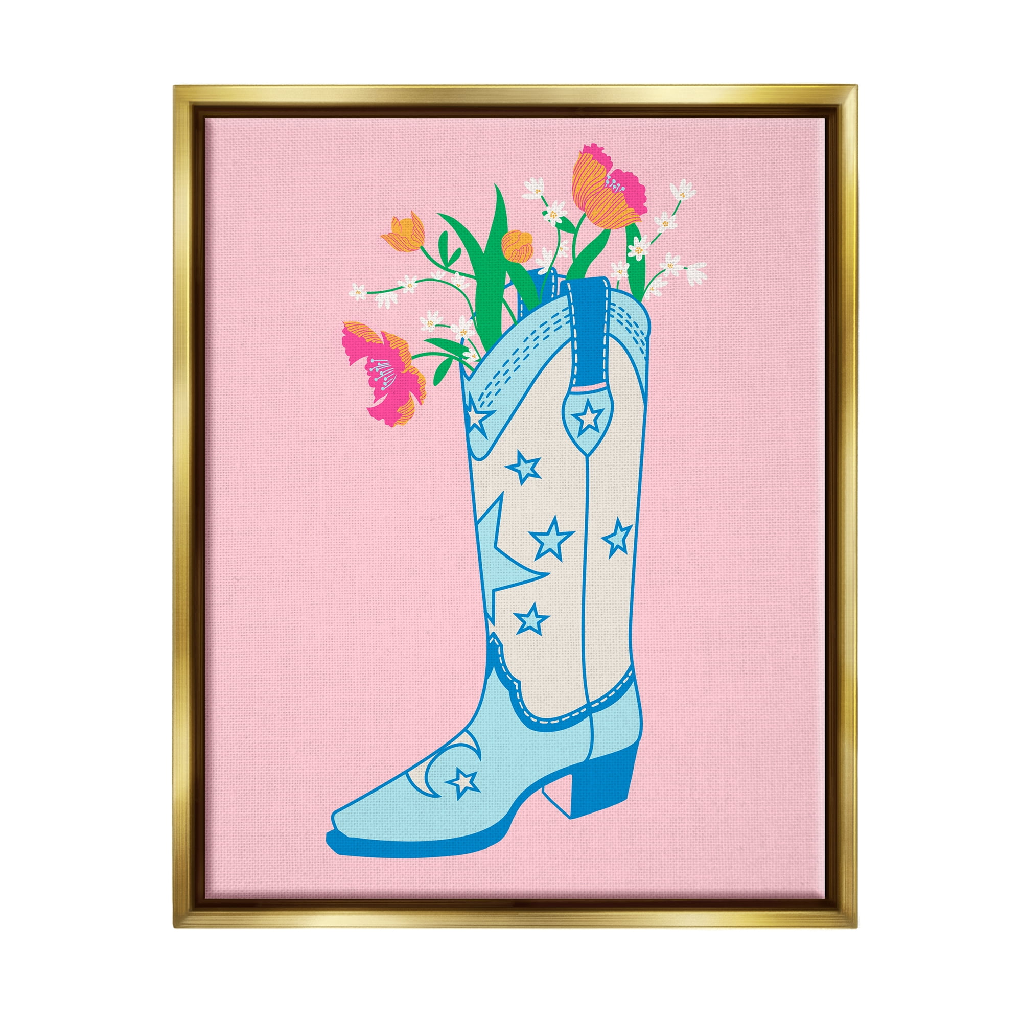 Stupell Industries Pink Floral Cowgirl Boot Botanical & Floral Painting Gold Floater Framed Canvas Art Print Wall Art, 25 x 31