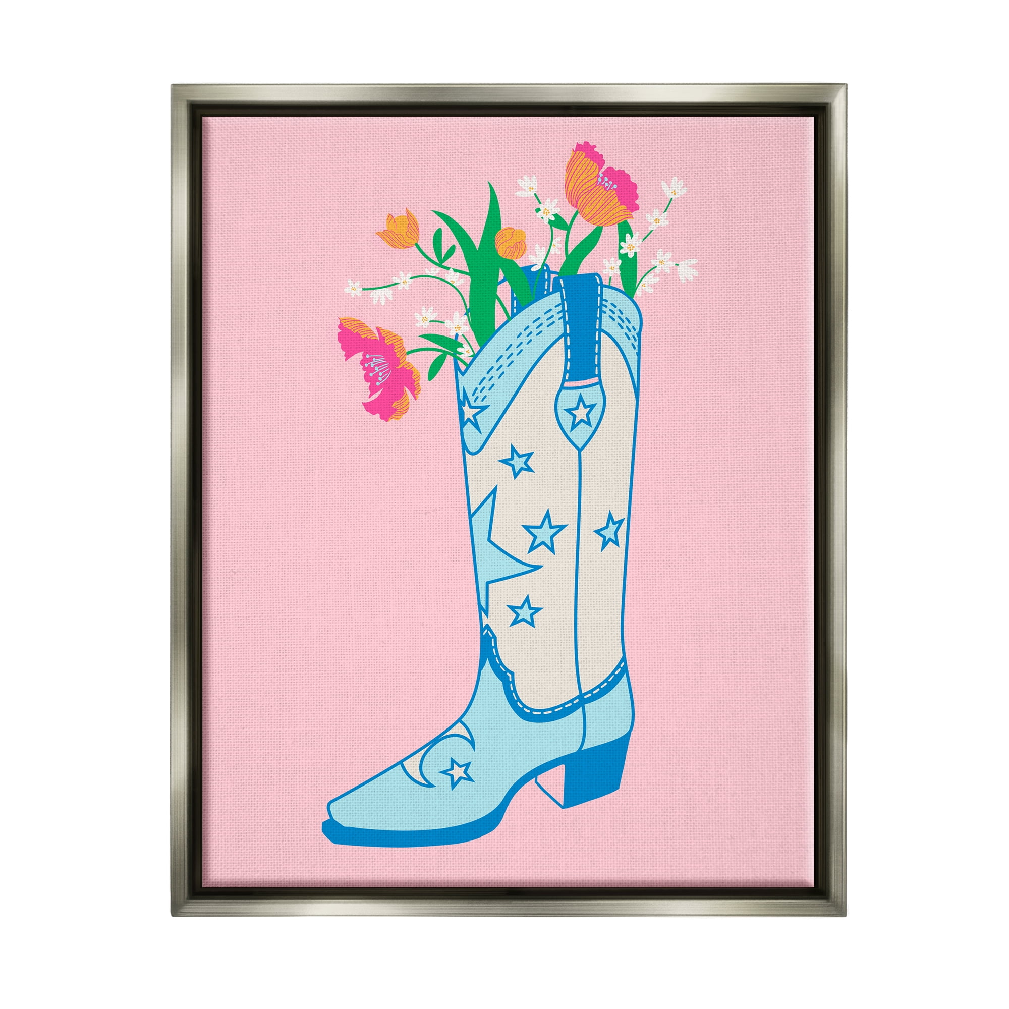 Stupell Industries Pink Floral Cowgirl Boot Botanical & Floral Painting Gray Floater Framed Canvas Art Print Wall Art, 25 x 31