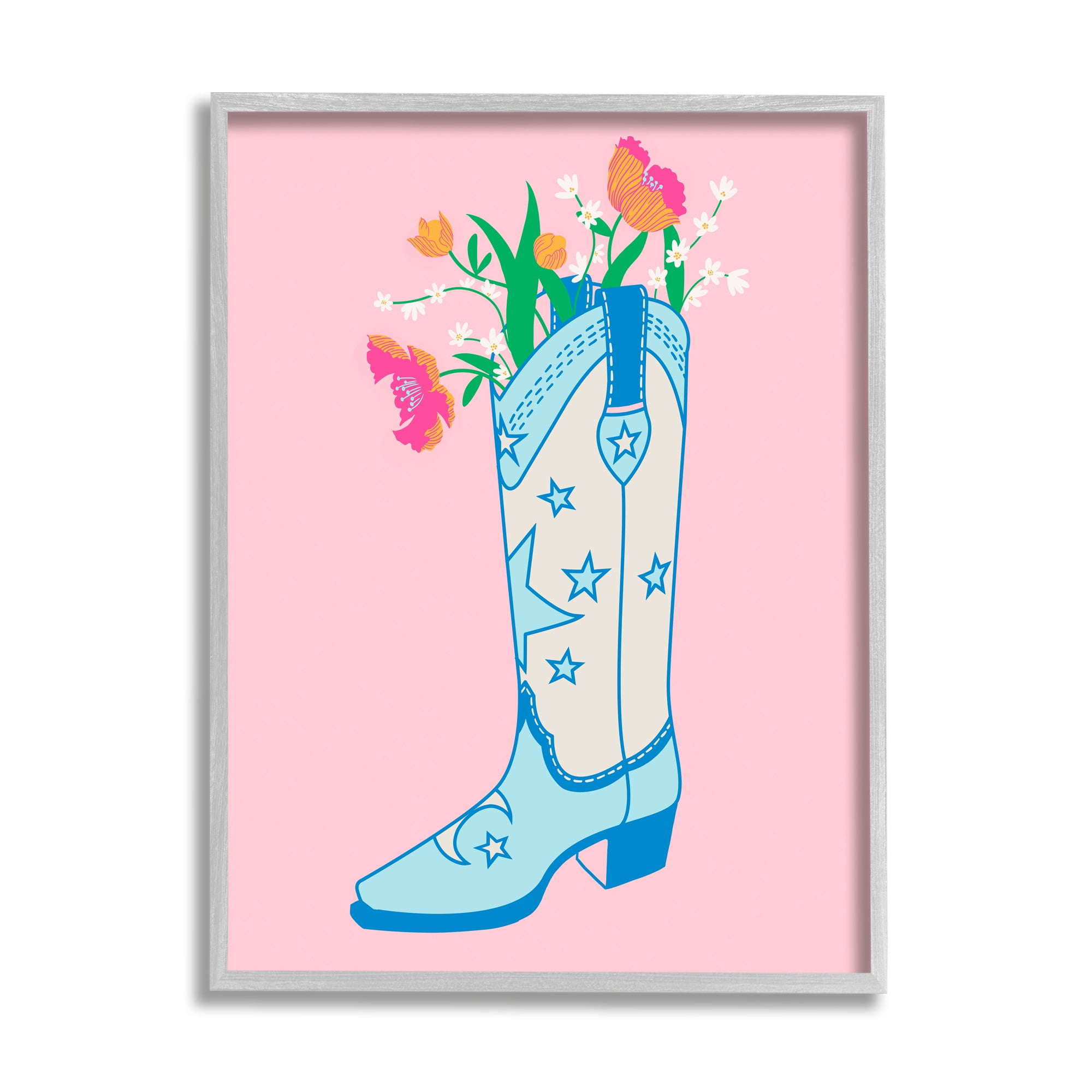 Stupell Industries Pink Floral Cowgirl Boot Botanical & Floral Painting Gray Framed Art Print Wall Art, 16 x 20