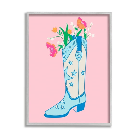 Stupell Industries Pink Floral Cowgirl Boot Botanical & Floral Painting Gray Framed Art Print Wall Art, 24 x 30