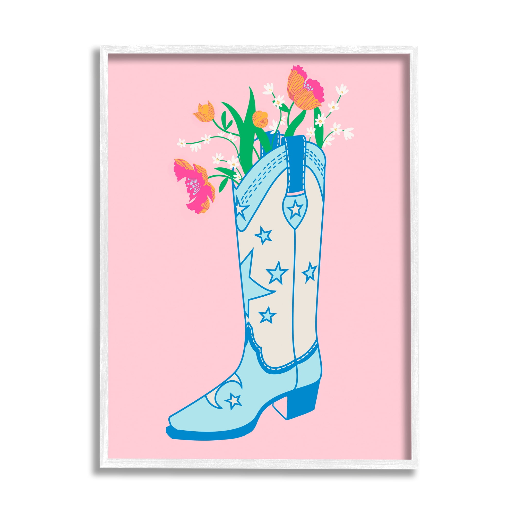 Stupell Industries Pink Floral Cowgirl Boot Botanical & Floral Painting White Framed Art Print Wall Art, 16 x 20