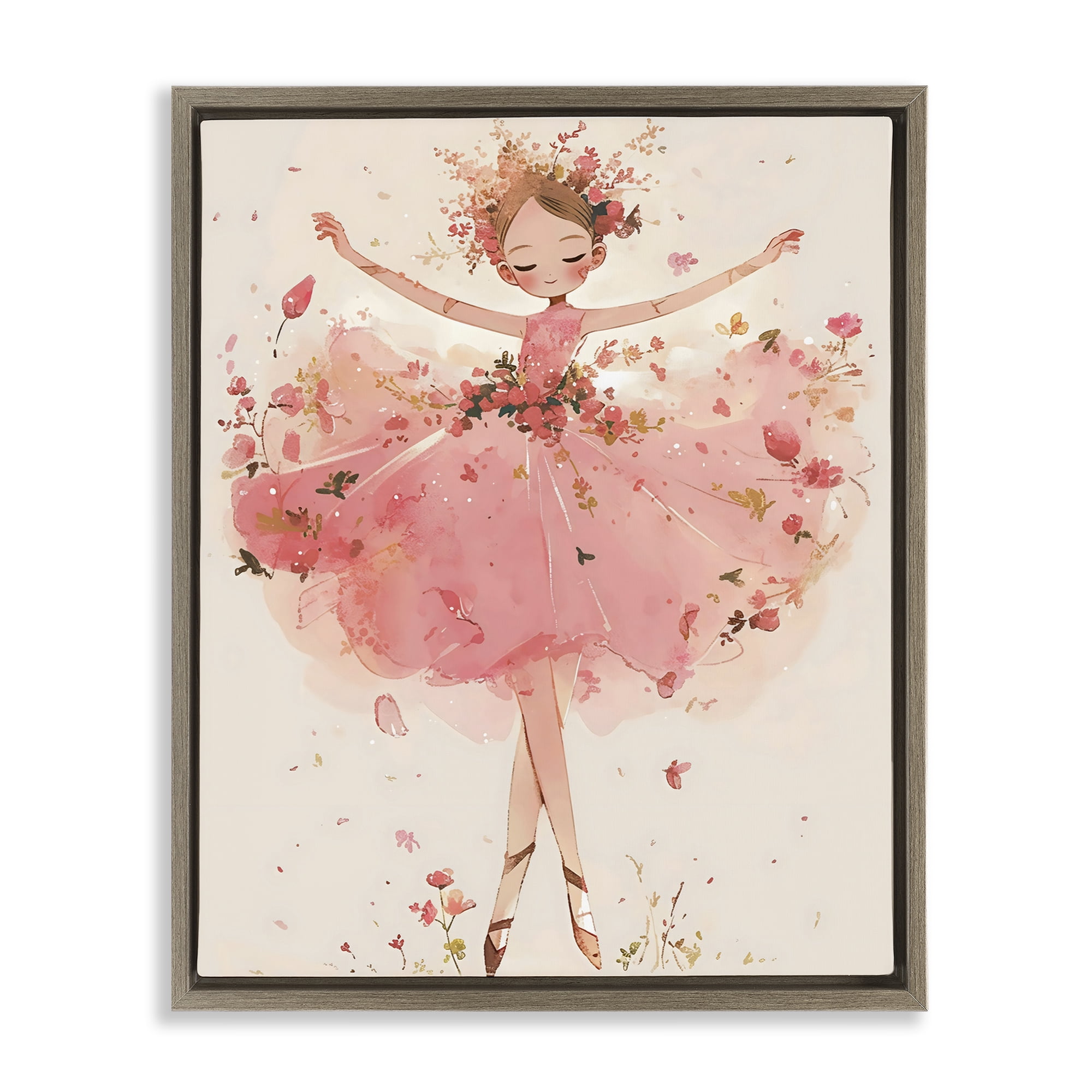 Stupell Industries Pink Floral Dress Ballerina Brown Framed Floater Canvas Wall Art, design by Creative Studio
