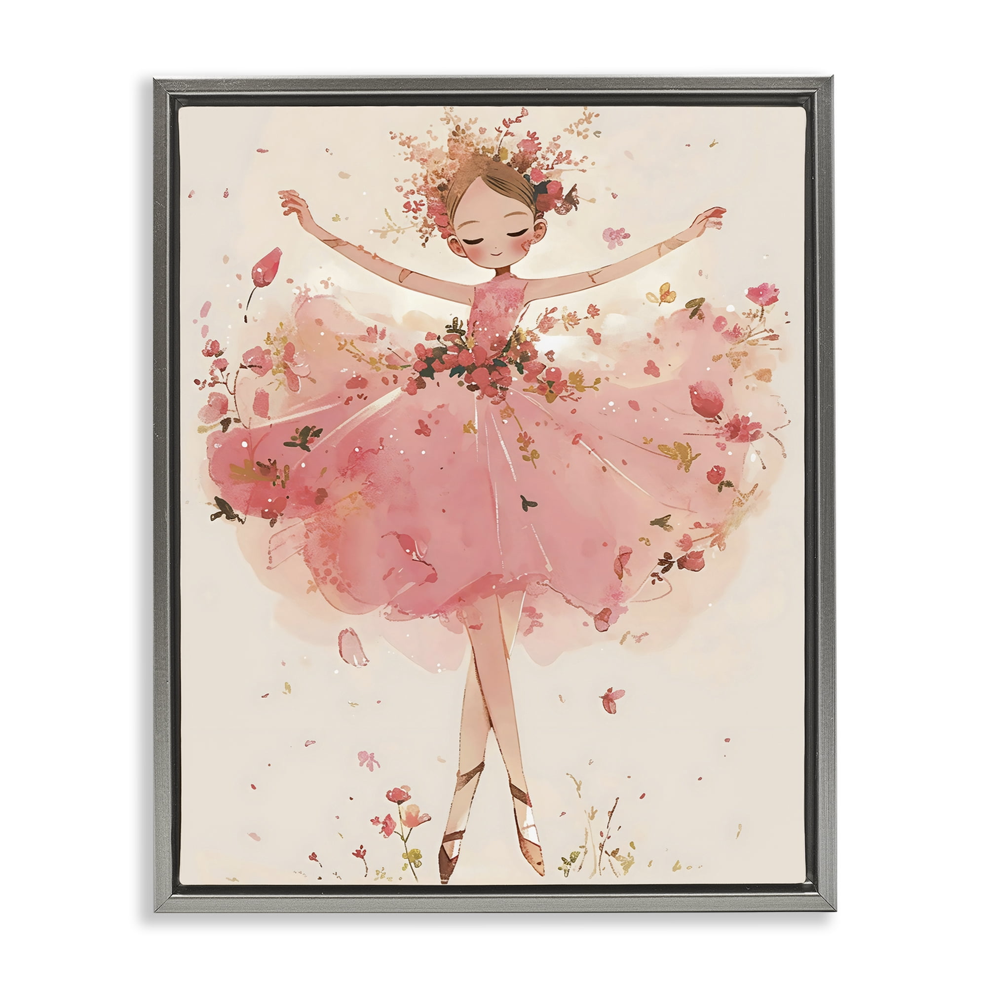 Stupell Industries Pink Floral Dress Ballerina Gray Framed Floater Canvas Wall Art, design by Creative Studio