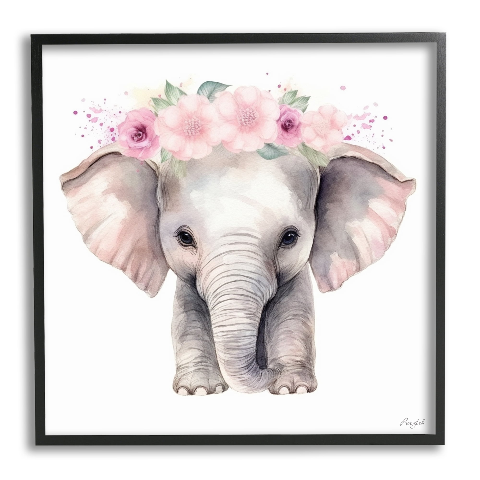Stupell Industries Pink Floral Elephant Animals & Insects Painting Black Framed Art Print Wall Art, 17 x 17
