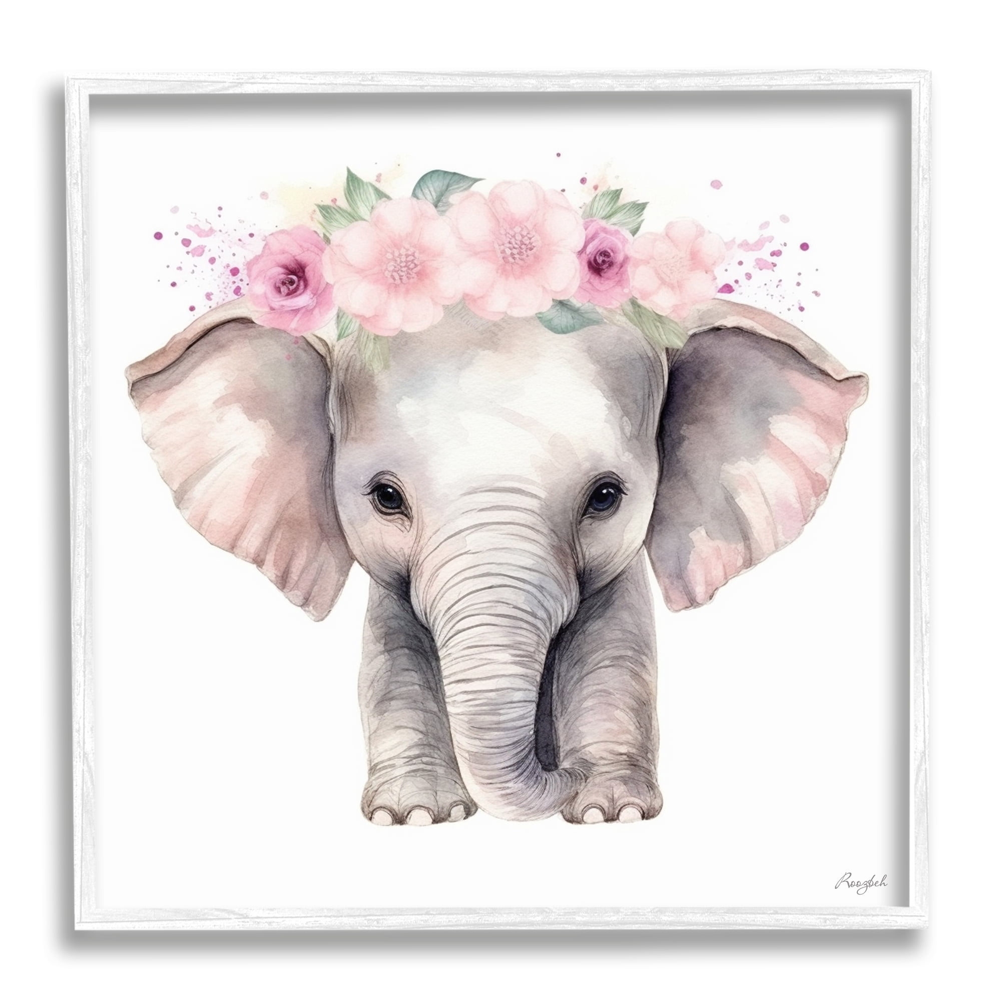 Stupell Industries Pink Floral Elephant Animals & Insects Painting White Framed Art Print Wall Art, 12 x 12