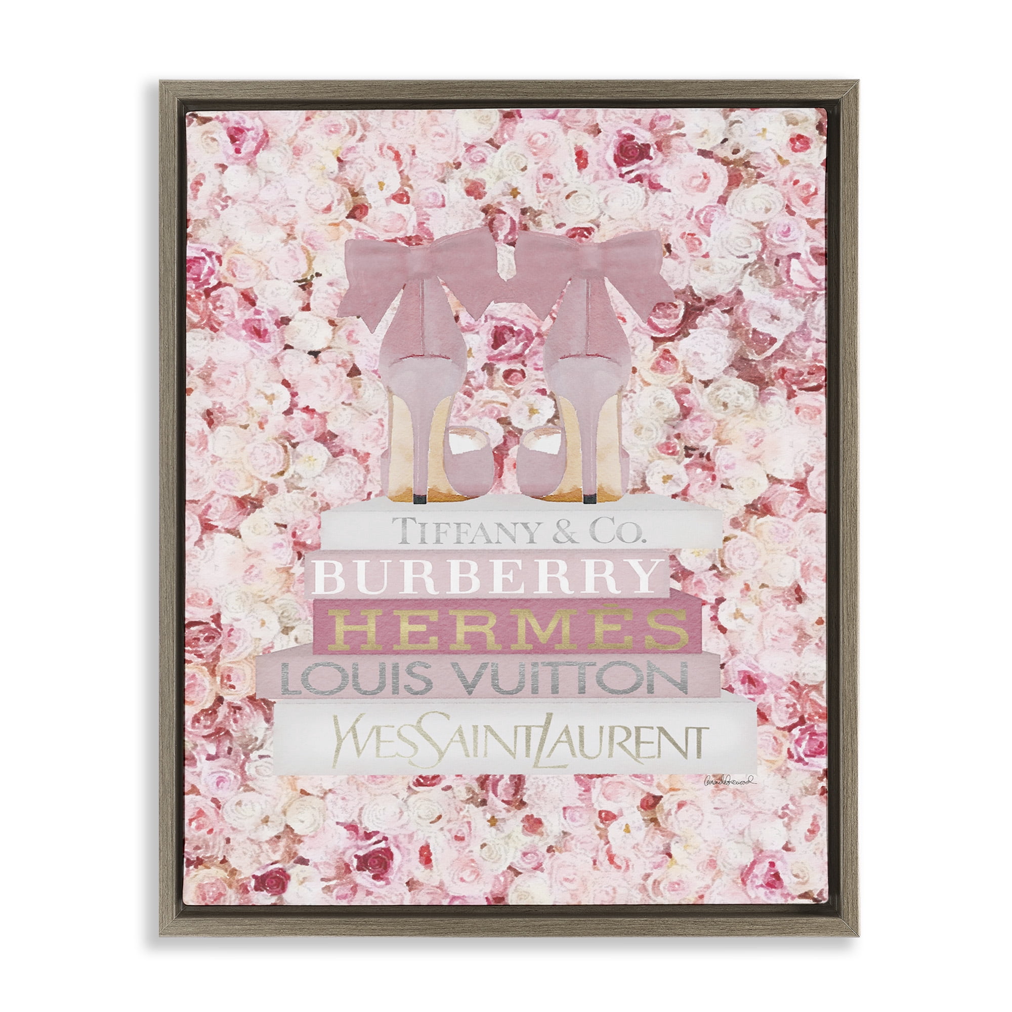 Stupell Industries Pink Floral Fashion Stack Beauty & Fashion Painting Brown Floater Framed Canvas Art Print Wall Art, 25 x 31