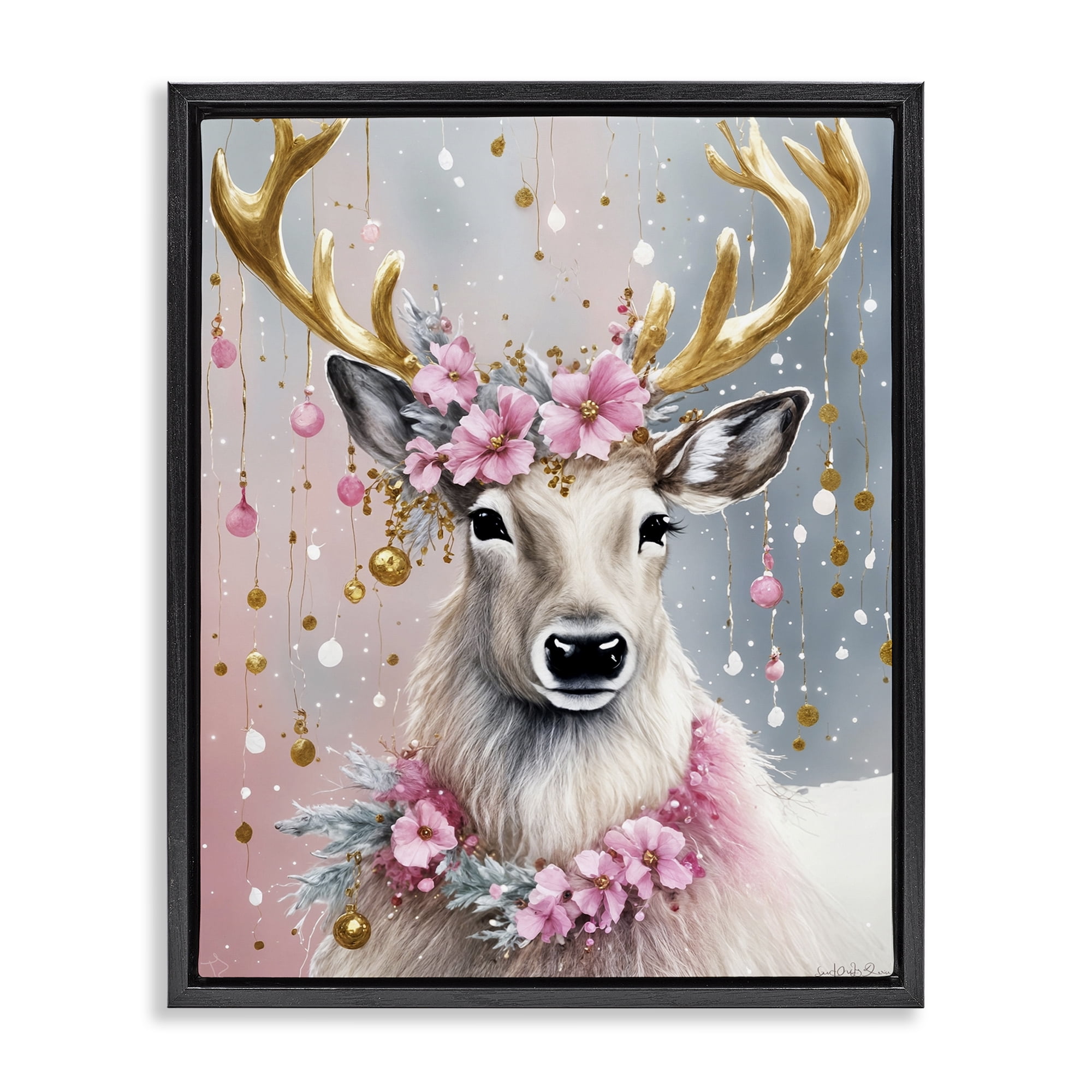 Stupell Industries Pink Floral Festive Reindeer Holiday Painting Black Floater Framed Canvas Art Prints Wall Art, 17 x 21
