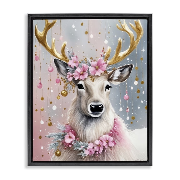 Stupell Industries Pink Floral Festive Reindeer Holiday Painting Black Floater Framed Canvas Art Prints Wall Art, 25 x 31