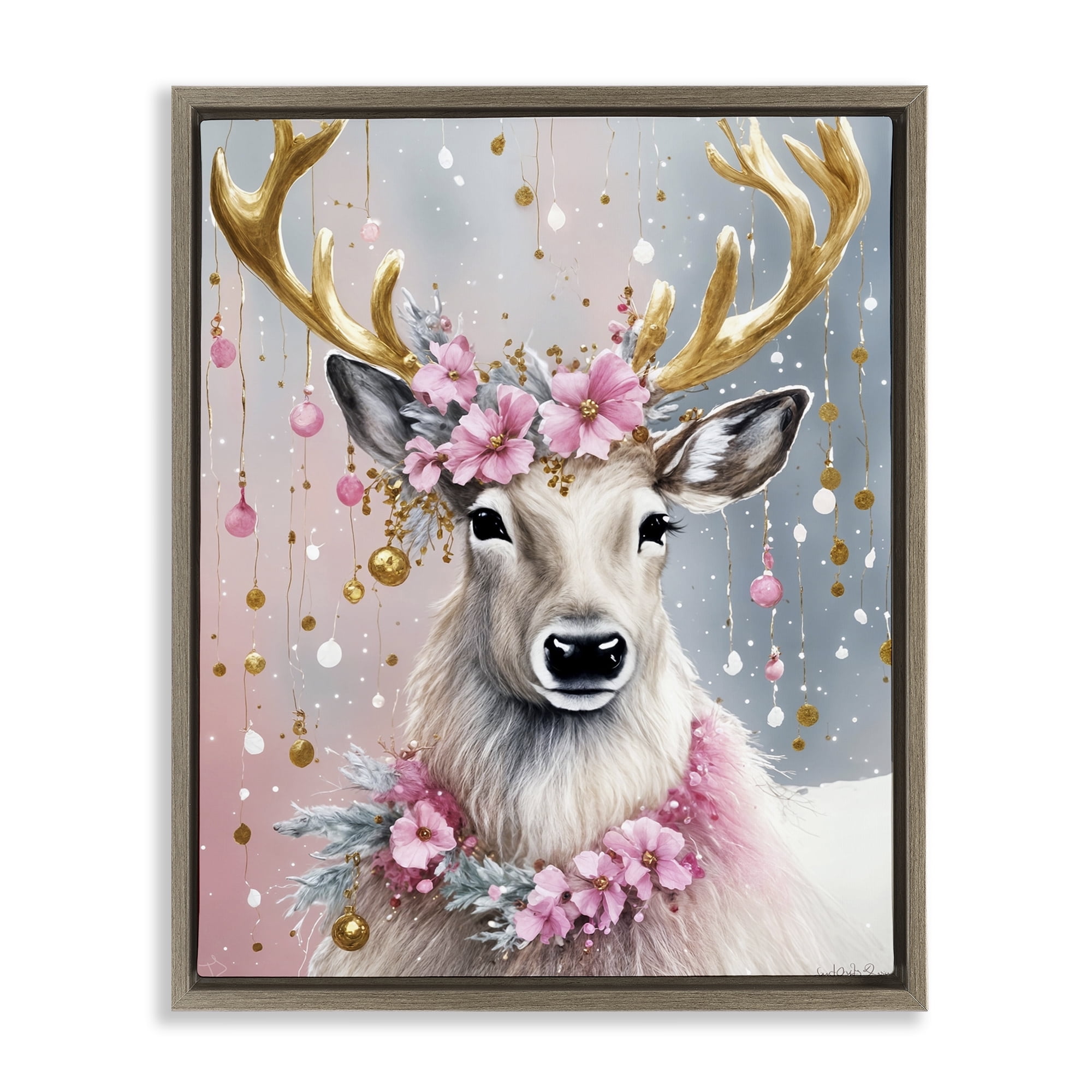 Stupell Industries Pink Floral Festive Reindeer Holiday Painting Brown Floater Framed Canvas Art Prints Wall Art, 17 x 21