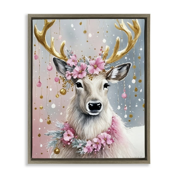 Stupell Industries Pink Floral Festive Reindeer Holiday Painting Brown Floater Framed Canvas Art Prints Wall Art, 25 x 31