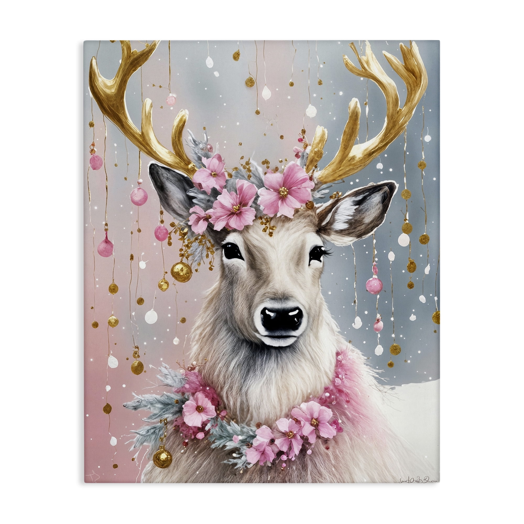 Stupell Industries Pink Floral Festive Reindeer Holiday Painting Gallery Wrapped Canvas Art Prints Wall Art, 30 x 40