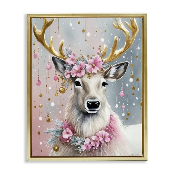 Stupell Industries Pink Floral Festive Reindeer Holiday Painting Gold Floater Framed Canvas Art Prints Wall Art, 25 x 31