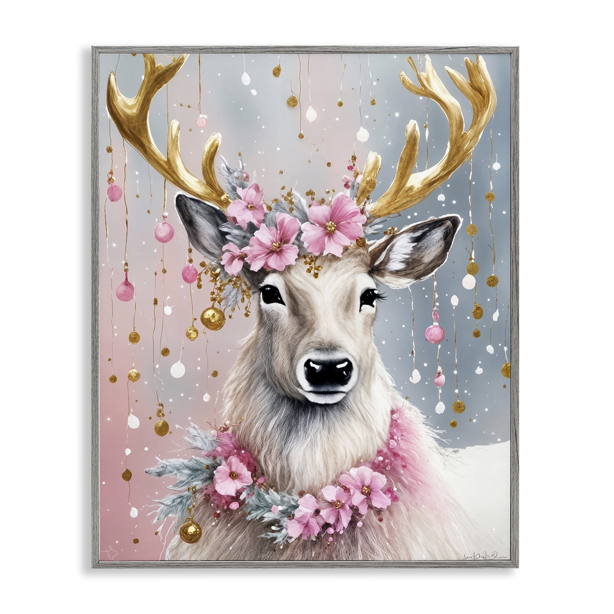 Stupell Industries Pink Floral Festive Reindeer Holiday Painting Gray Framed Art Prints Wall Art, 11 x 14