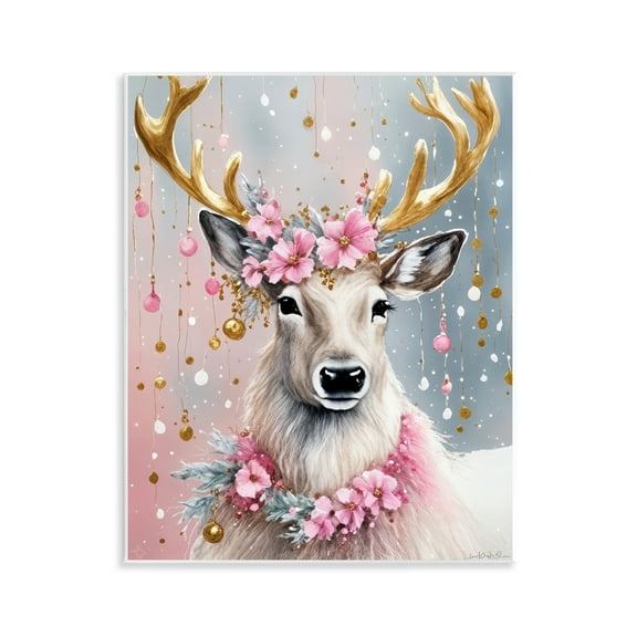 Stupell Industries Pink Floral Festive Reindeer Holiday Painting Unframed Art Prints Wall Art, 11 x 14