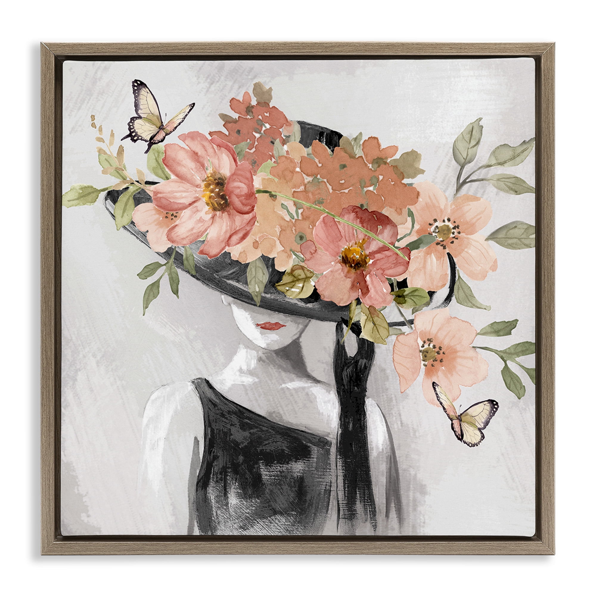 Stupell Industries Pink Floral Hat People Painting Brown Floater Framed Canvas Art Print Wall Art, 25 x 25