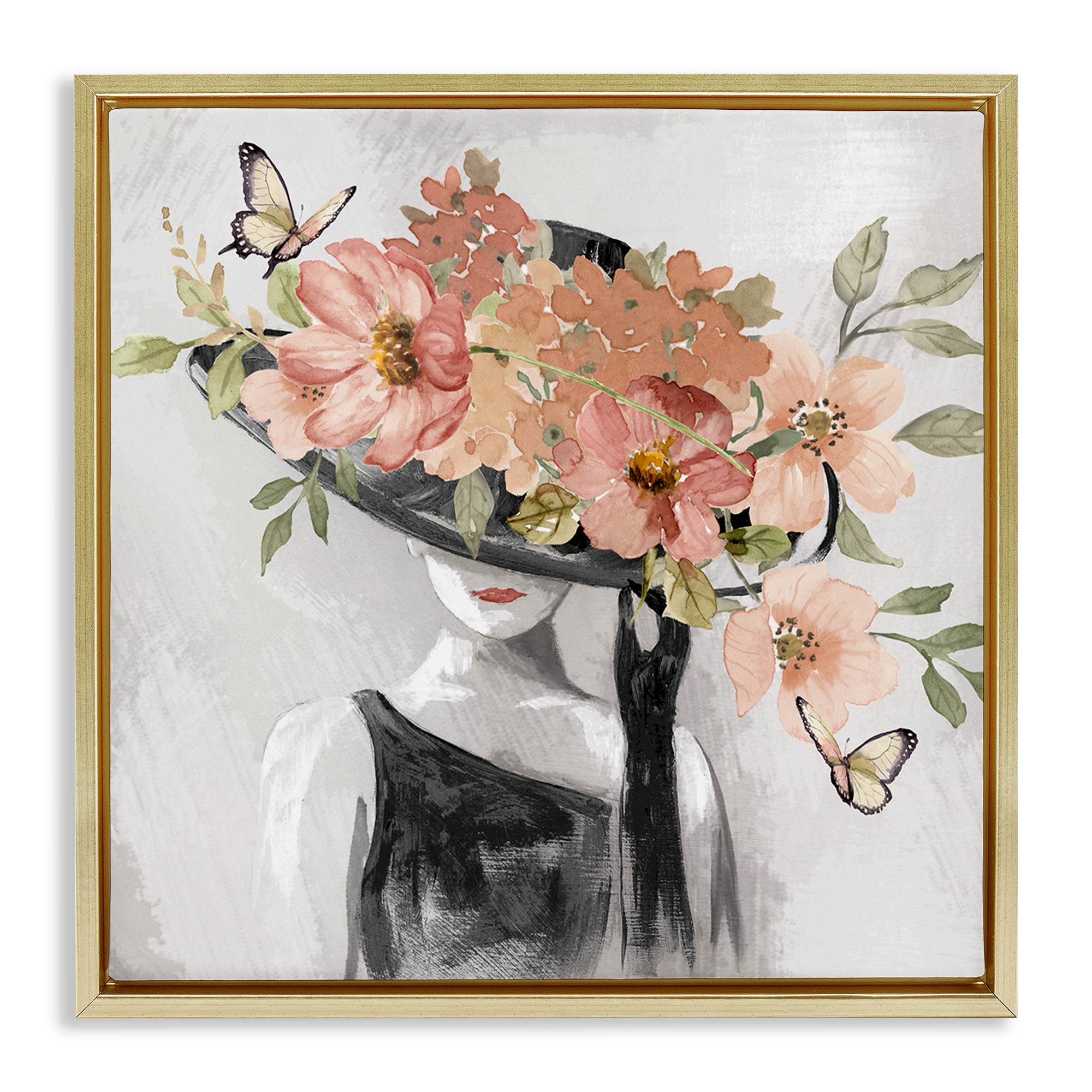 Stupell Industries Pink Floral Hat People Painting Gold Floater Framed Canvas Art Print Wall Art, 25 x 25