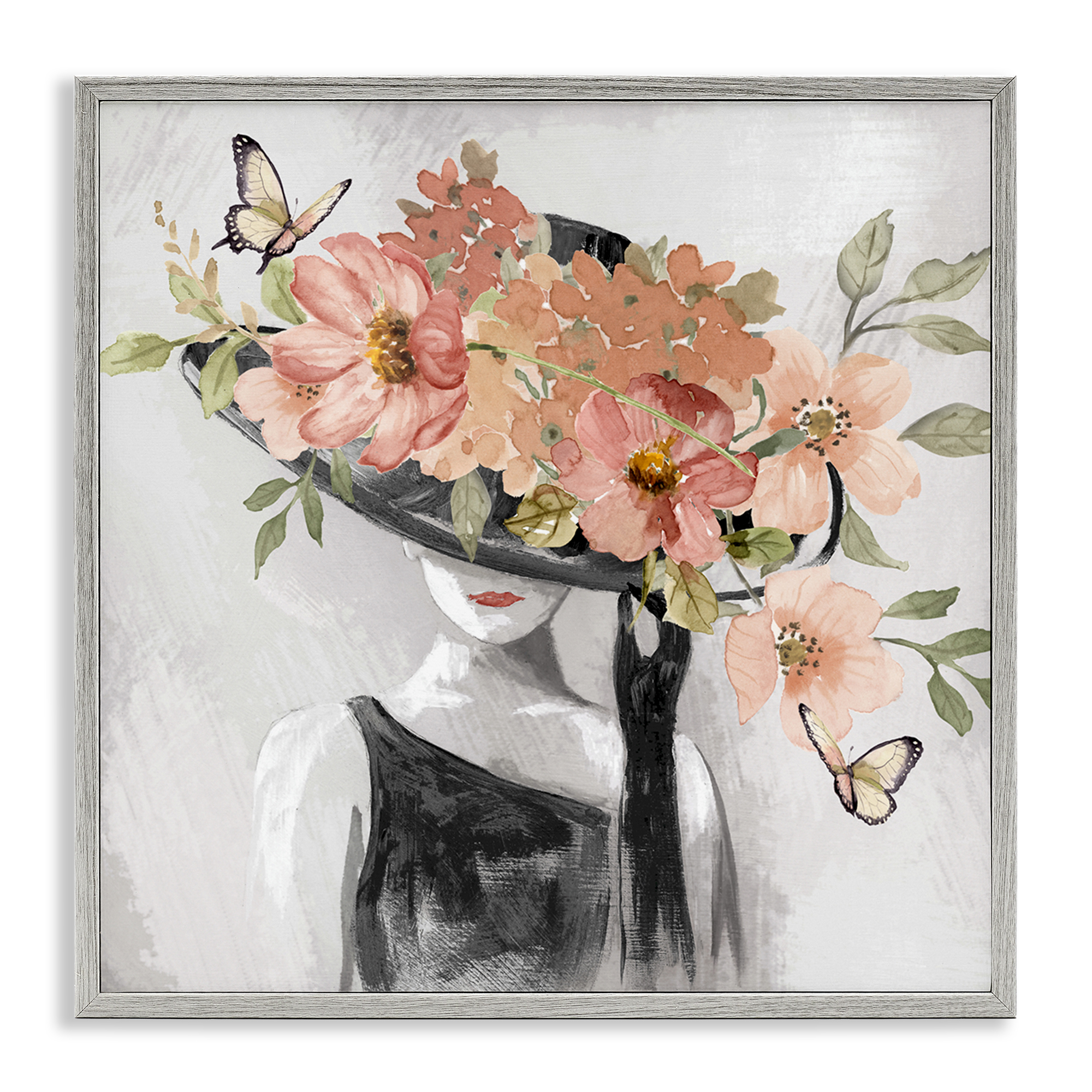 Stupell Industries Pink Floral Hat People Painting Gray Framed Art Print Wall Art, 24 x 24