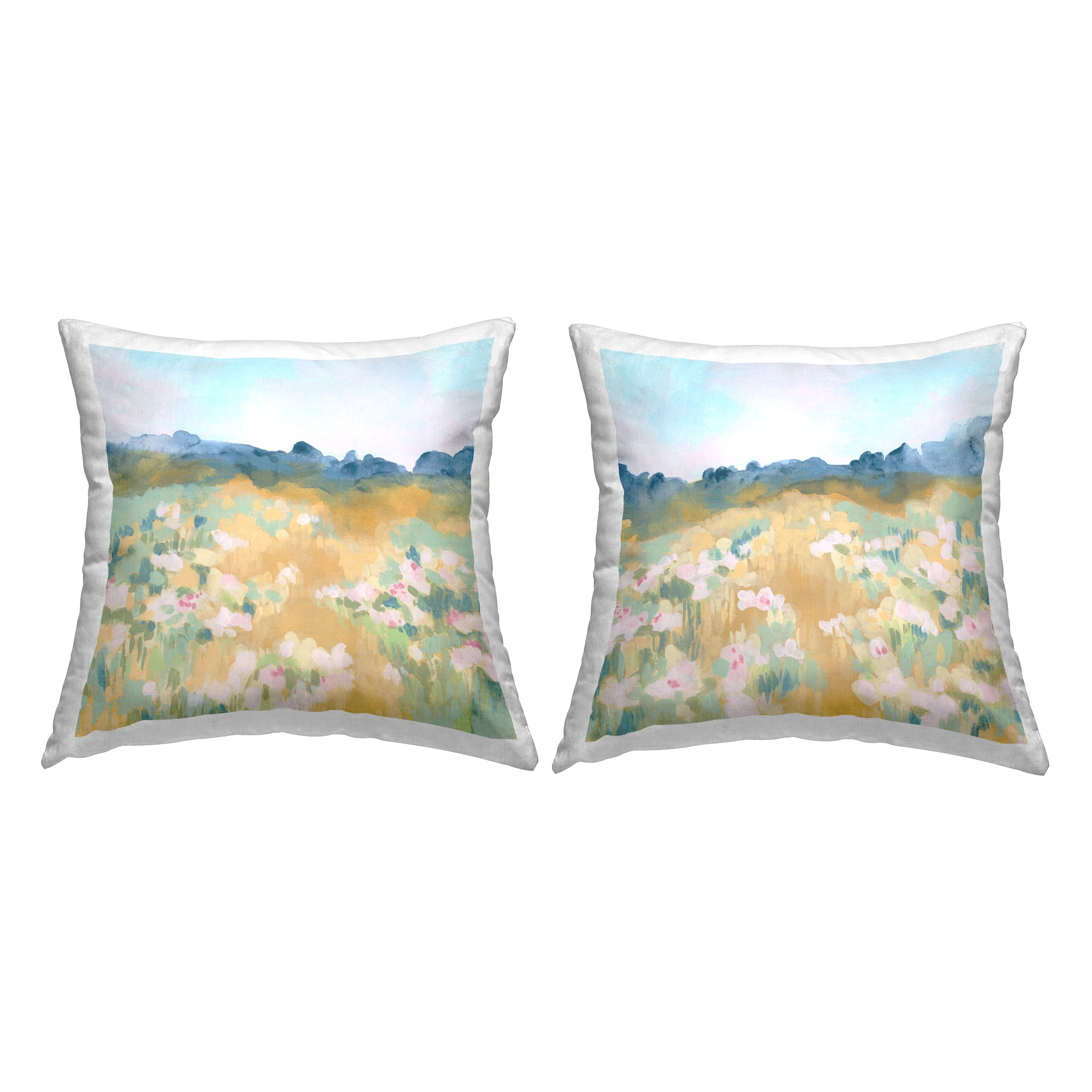 Stupell Industries Pink Floral Meadow Landscape Square Decorative Printed Throw Pillow, 18 x 18, Set of 2