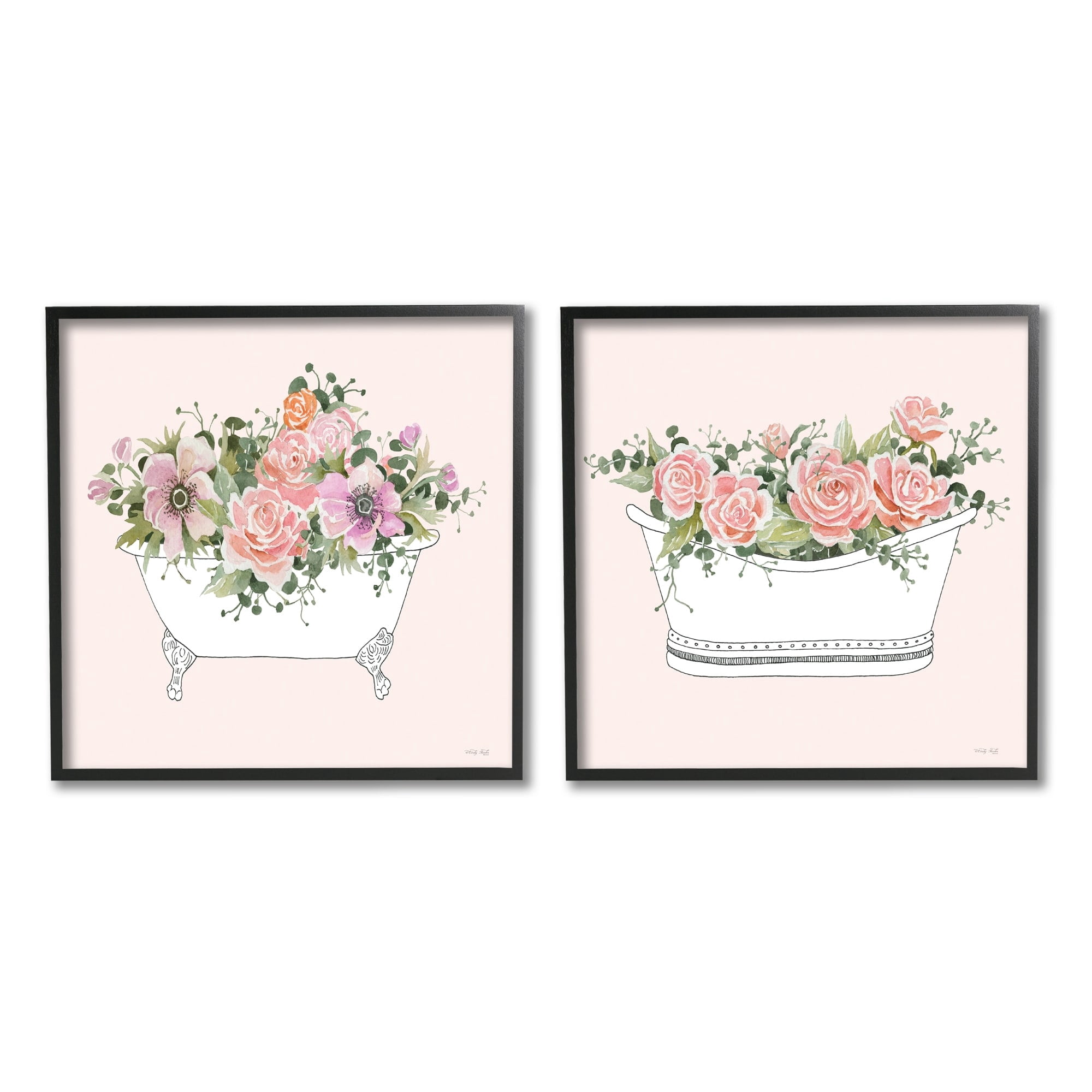 Stupell Industries Pink Floral Rose Blooms Bathtub Bathroom Botanicals Graphic Art Black Framed Art Print Wall Art, Set of 2, Design by Cindy Jacobs