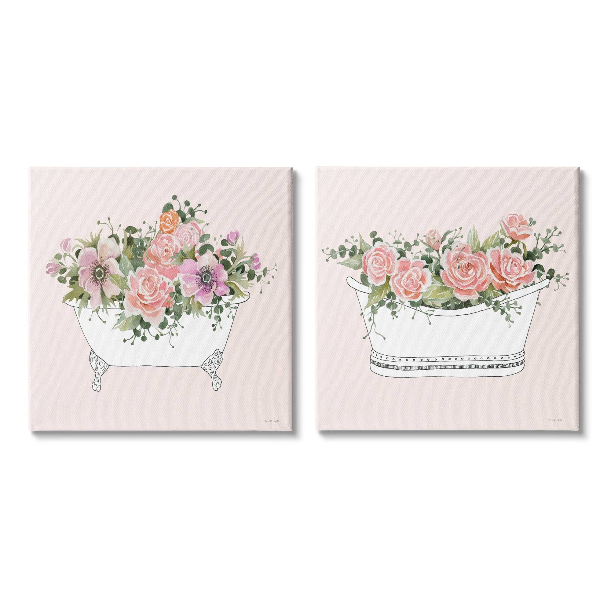 Pink Floral Rose Blooms Bathtub Canvas Wall Art Set