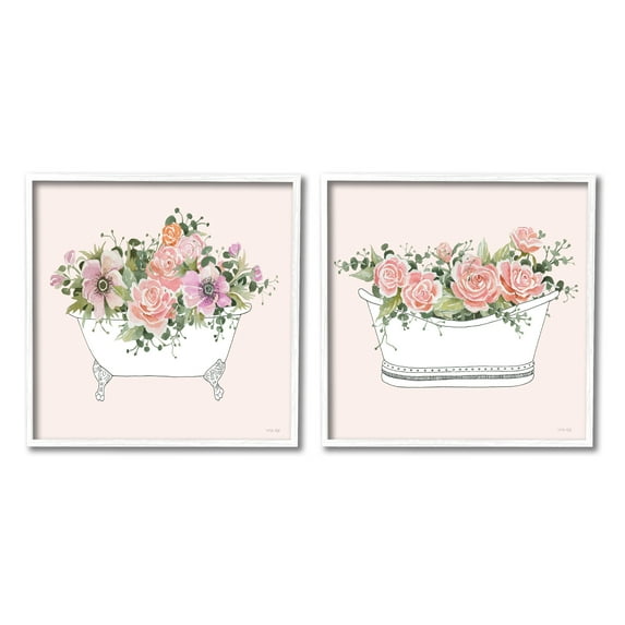 Stupell Industries Pink Floral Rose Blooms Bathtub Bathroom Botanicals Graphic Art White Framed Art Print Wall Art, Set of 2, Design by Cindy Jacobs