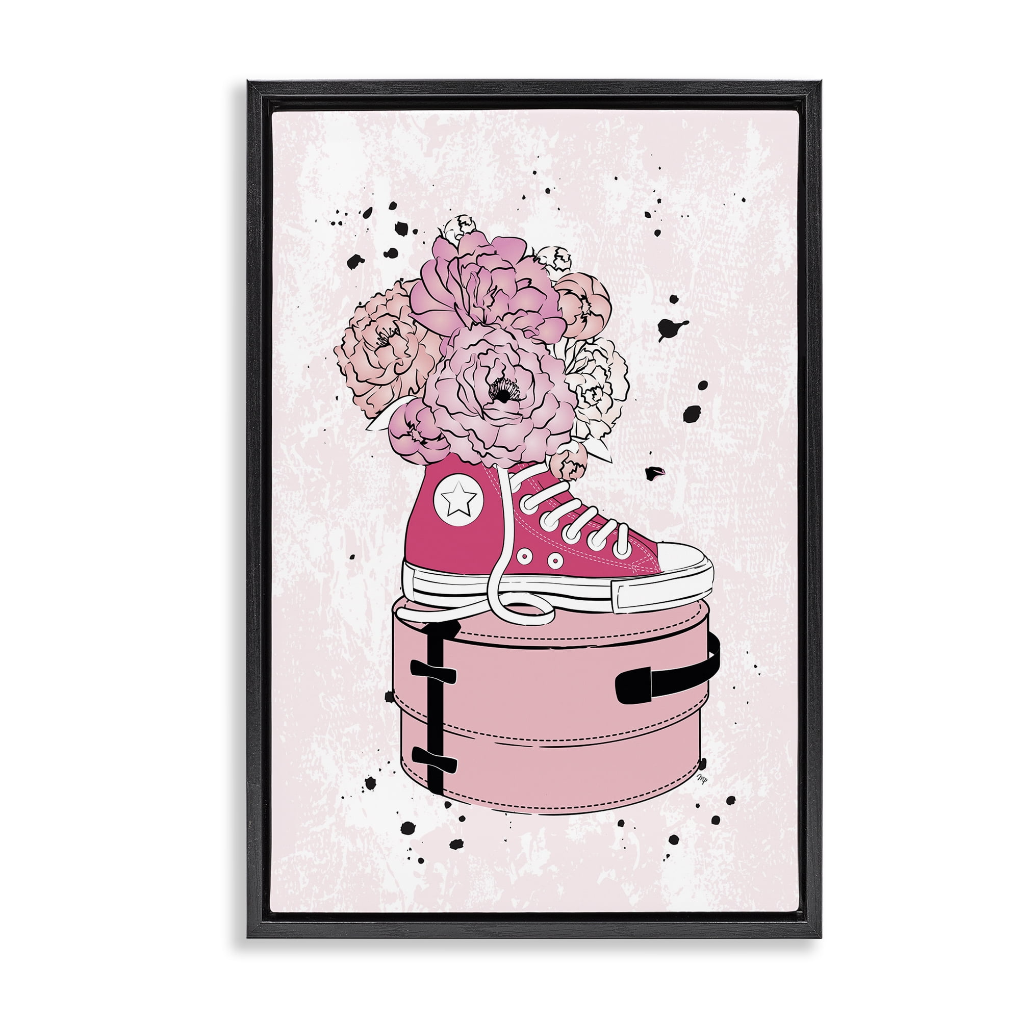 Stupell Industries Pink Floral Sneaker Beauty & Fashion Painting Black Floater Framed Art Print Wall Art, 17 x 25